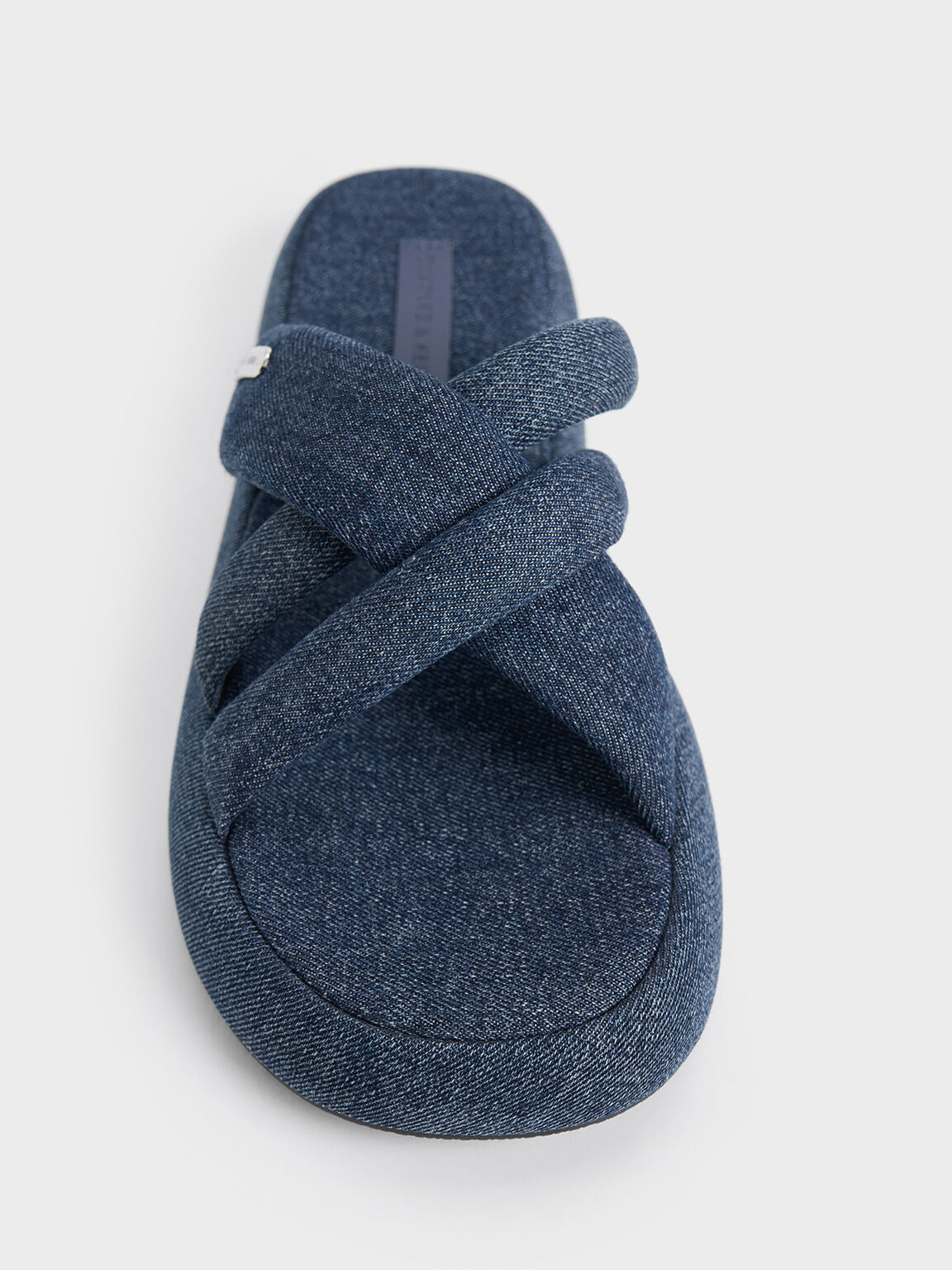 Denim Puffy Crossover-Strap Slide Sandals, Denim Blue, hi-res