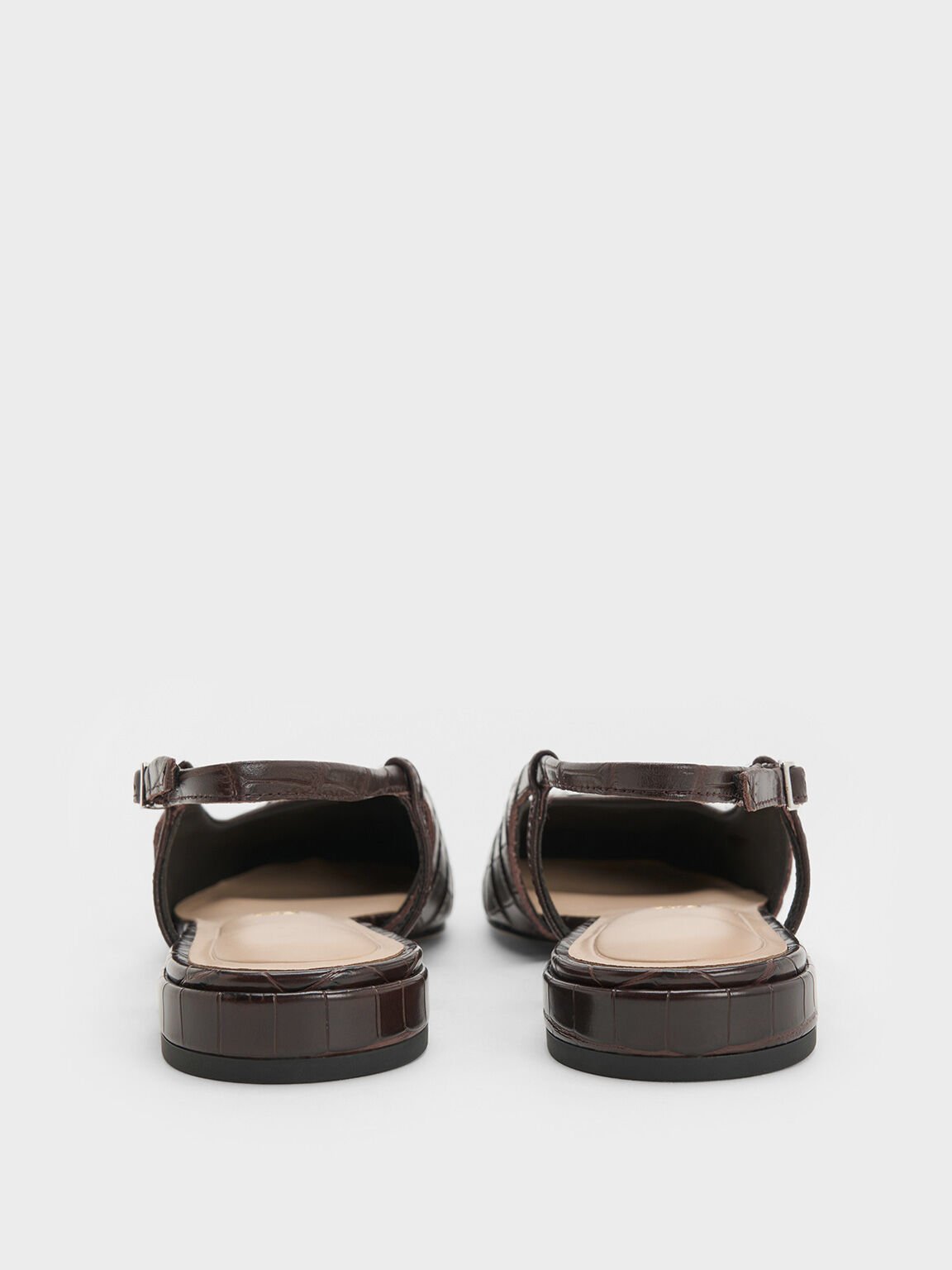 Croc-Effect Leather Metallic-Accent Slingback Flats, Dark Brown, hi-res