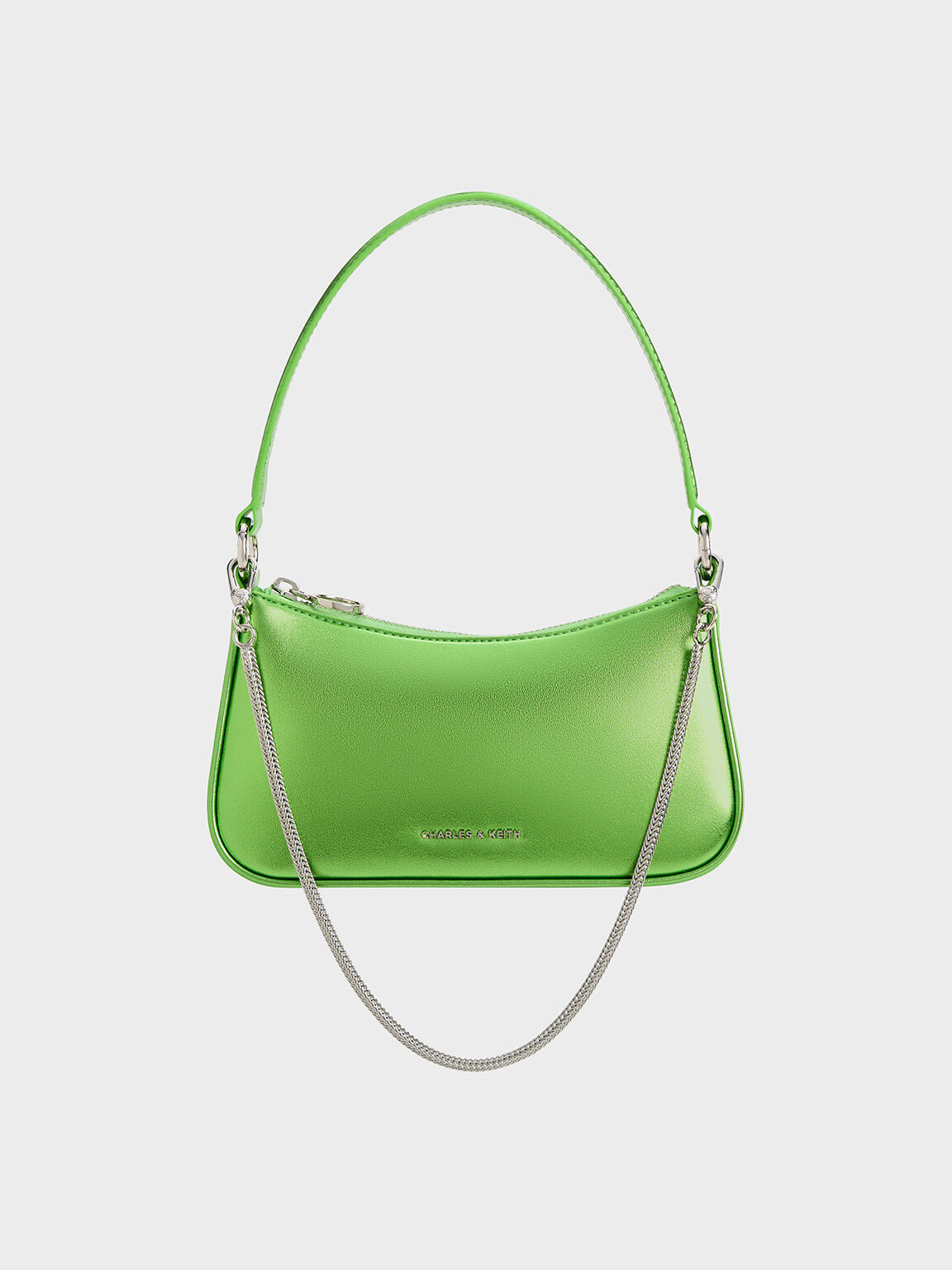 Metallic Curved Shoulder Bag, Green, hi-res