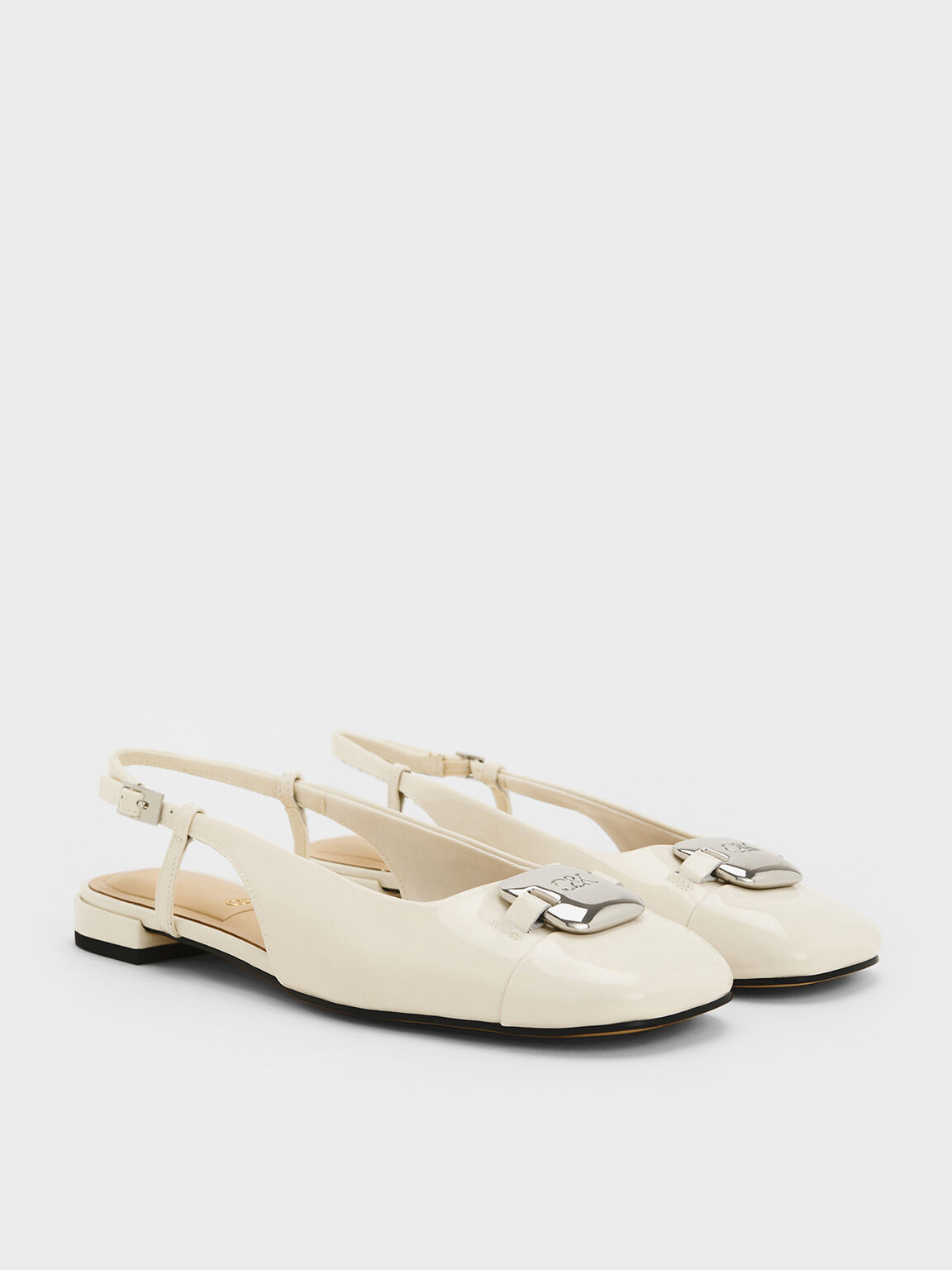 Patent Leather Metallic-Accent Slingback Flats, White, hi-res