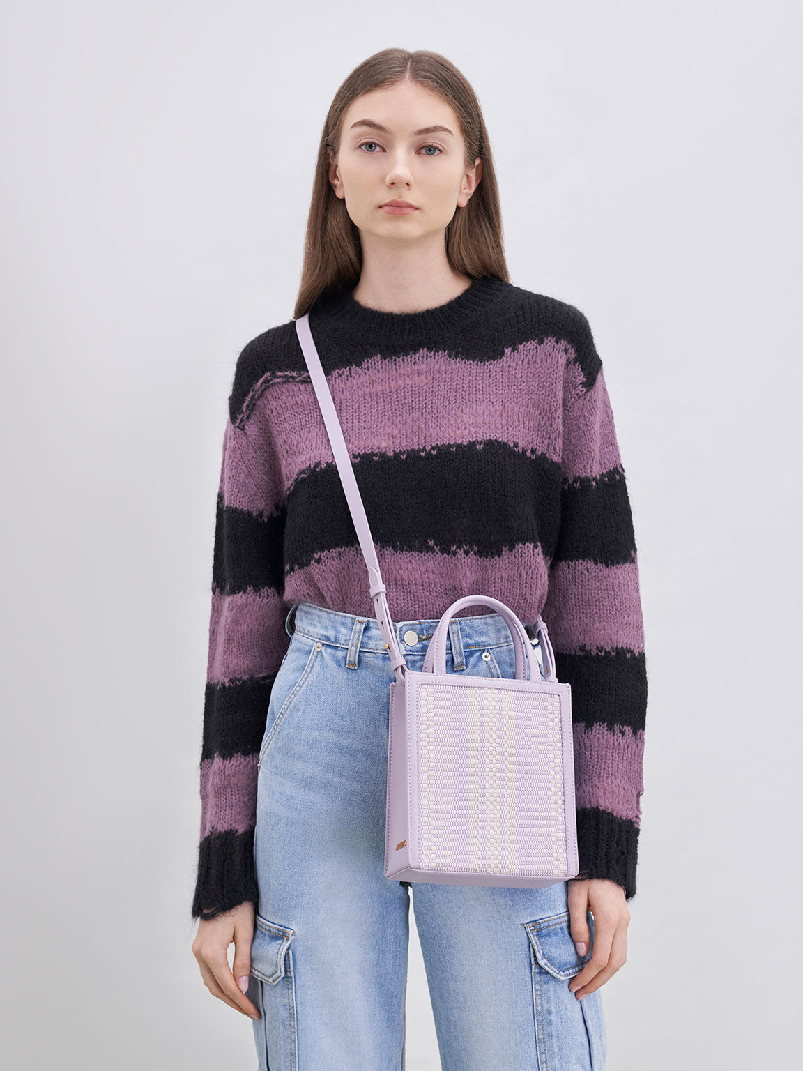 Woven Double Handle Tote Bag, Lilac, hi-res