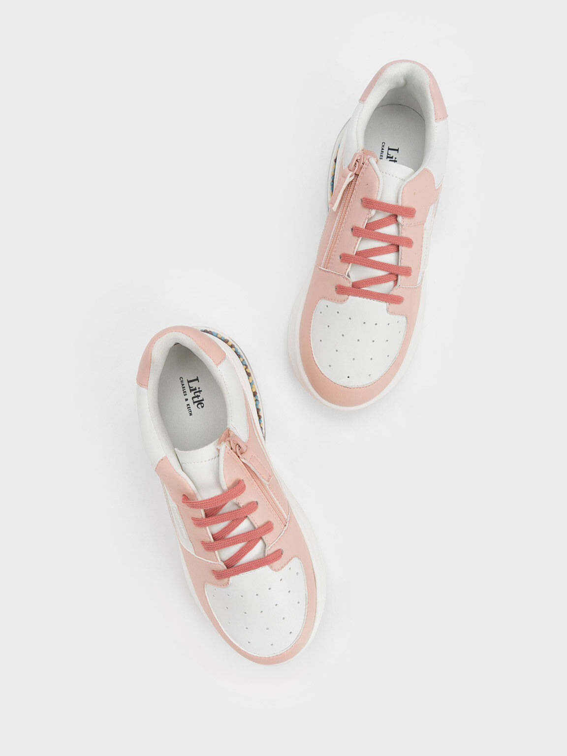 Girls' Beaded Sole Lace-Up Sneakers, Blush, hi-res