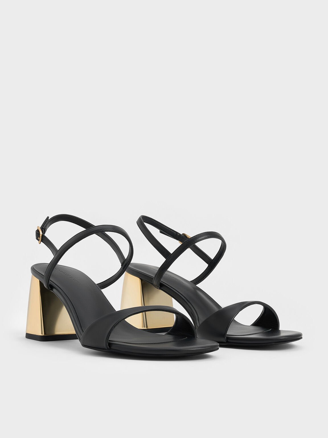 Metallic-Heel Slingback Sandals, Black, hi-res