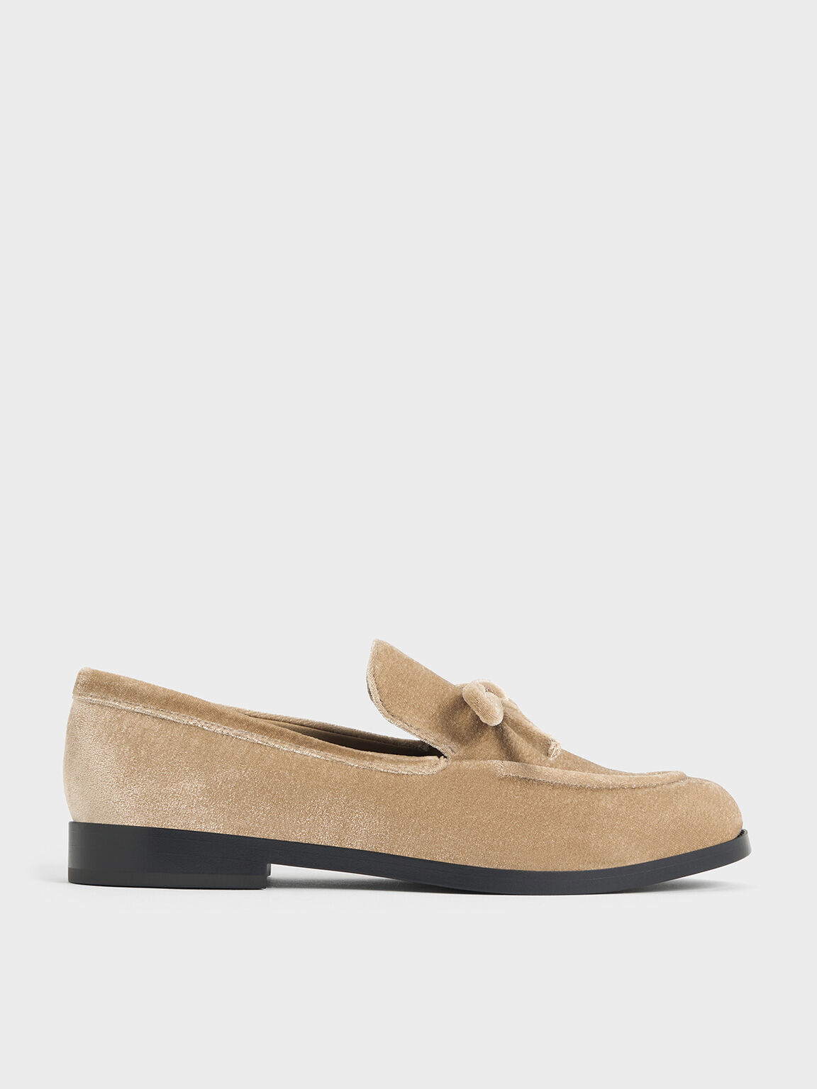 Velvet Bow Loafers, Beige, hi-res