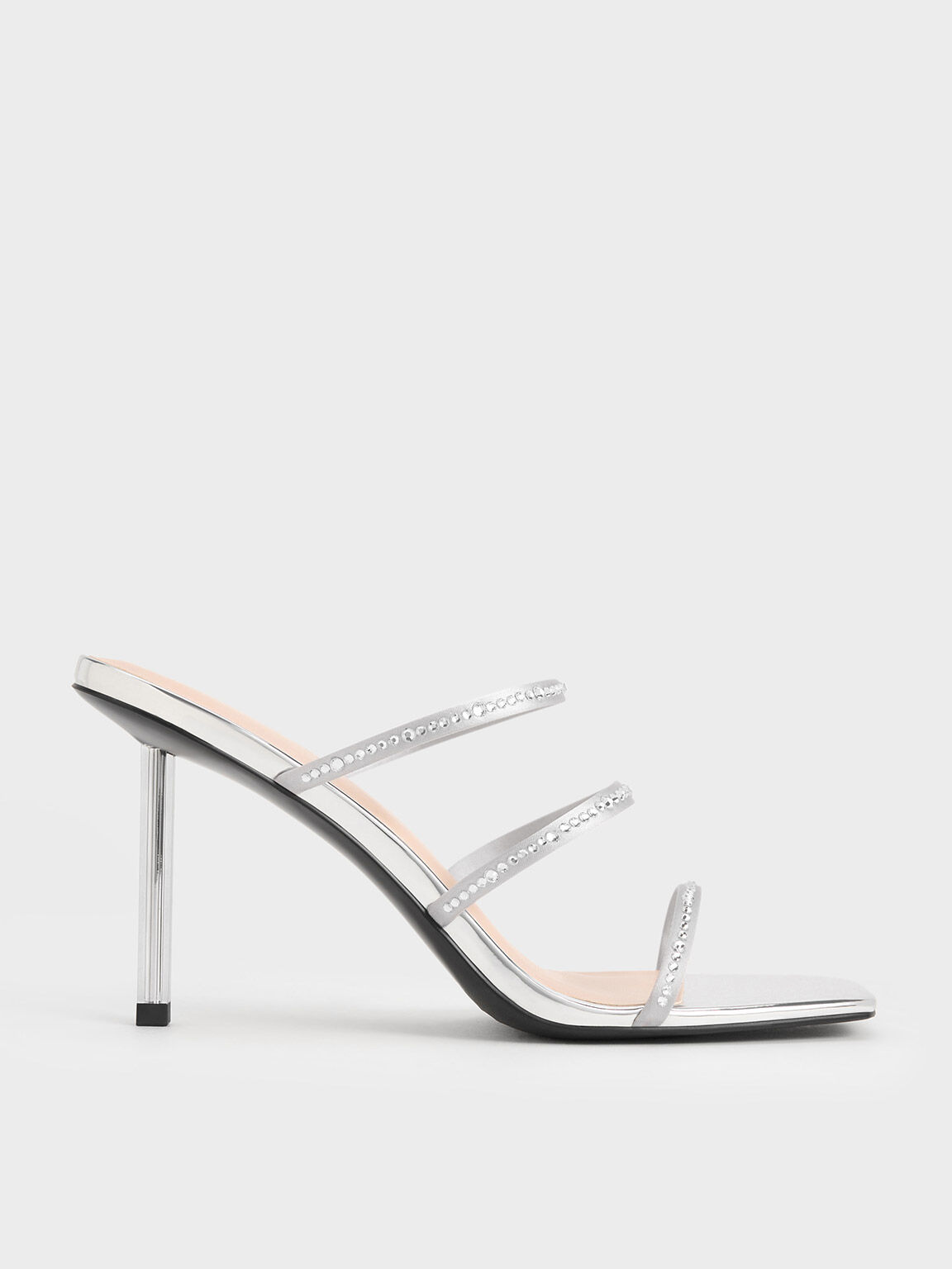 Recycled Polyester Crystal-Embellished Strappy Mules, Silver, hi-res