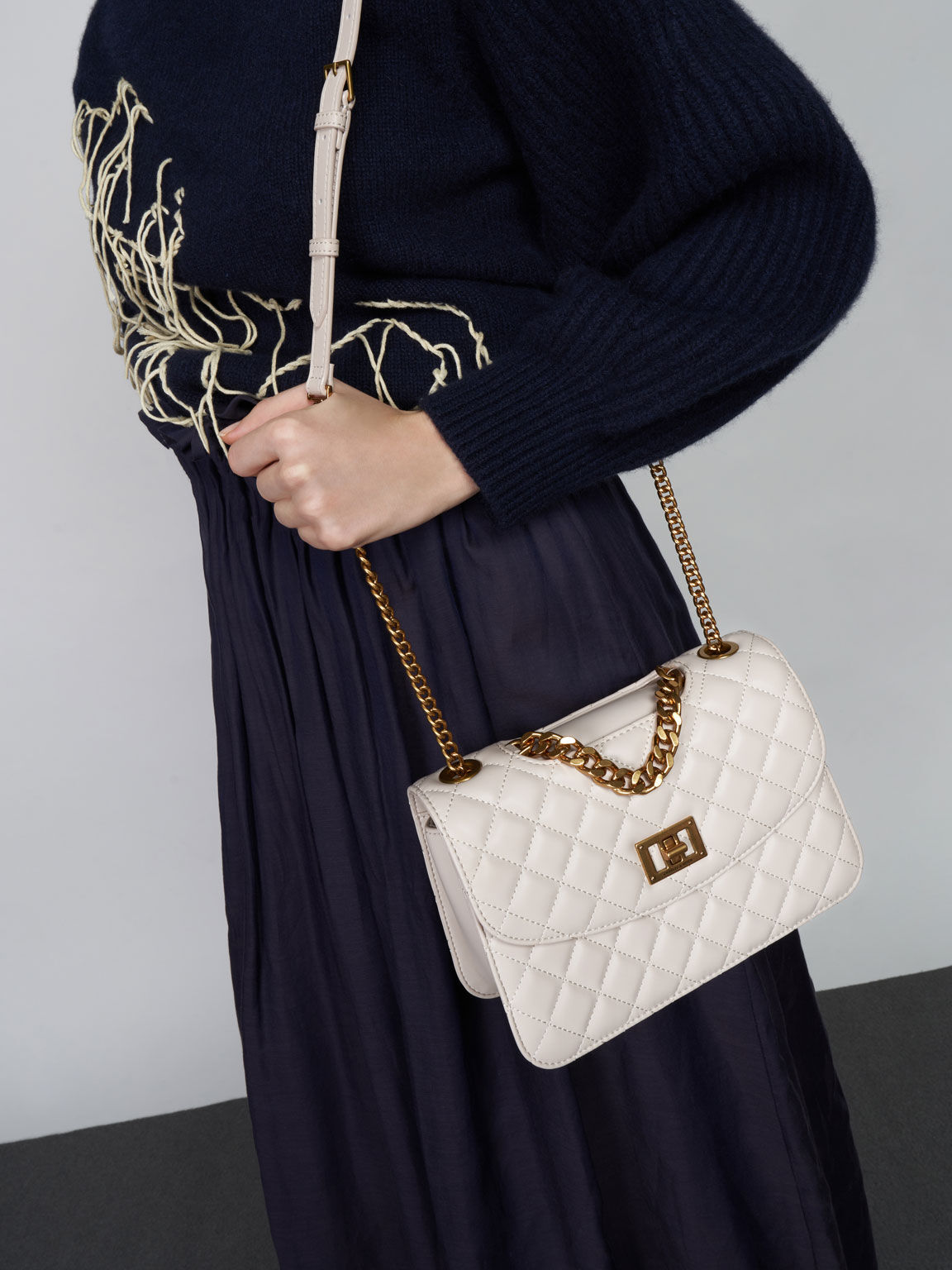 Ivory Quilted Chain Bag - CHARLES & KEITH US