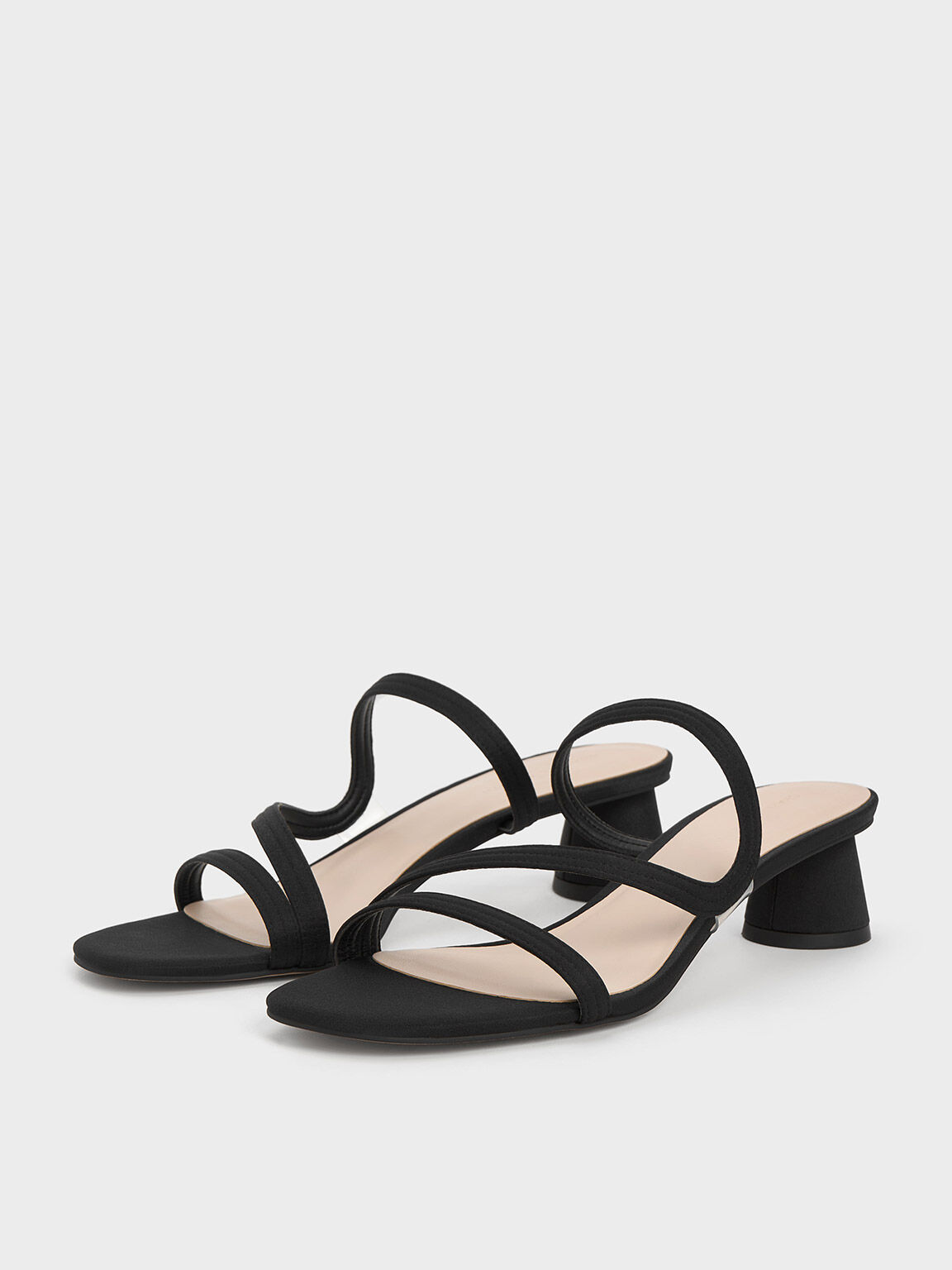 Arden Satin Wavy Strap Mules, Black, hi-res