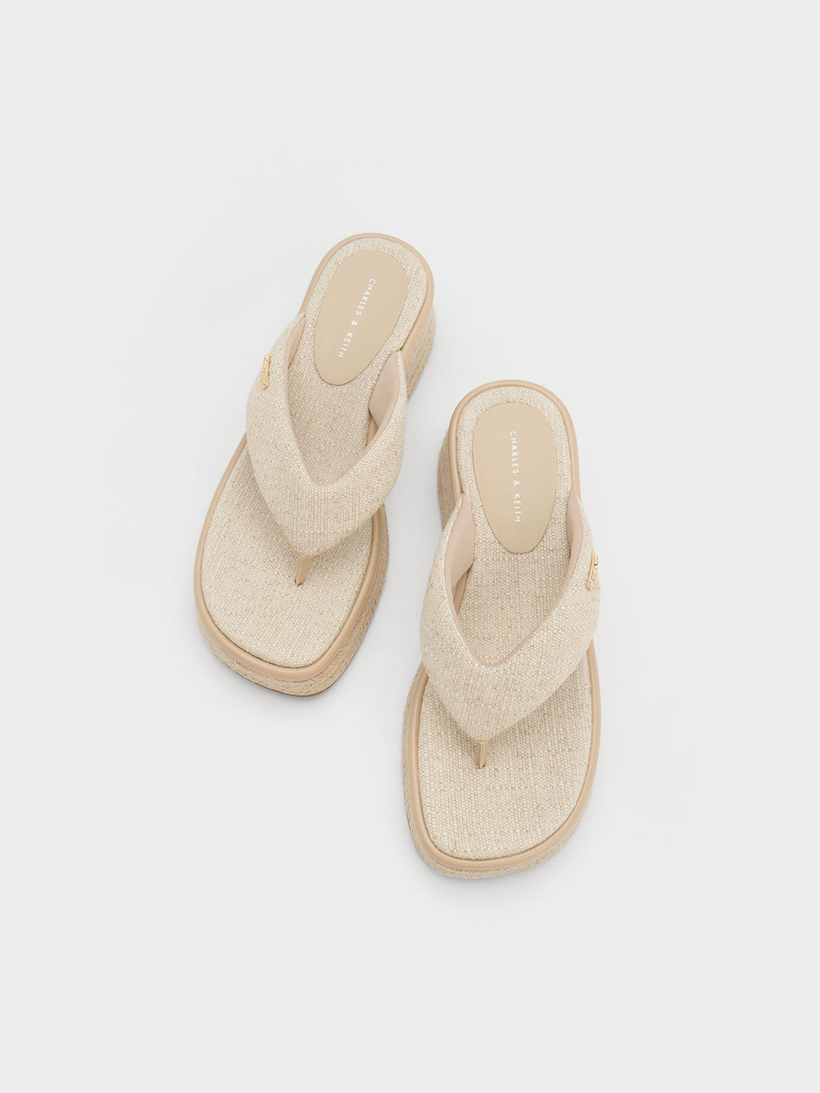 Linen Espadrille Thong Sandals, Beige, hi-res