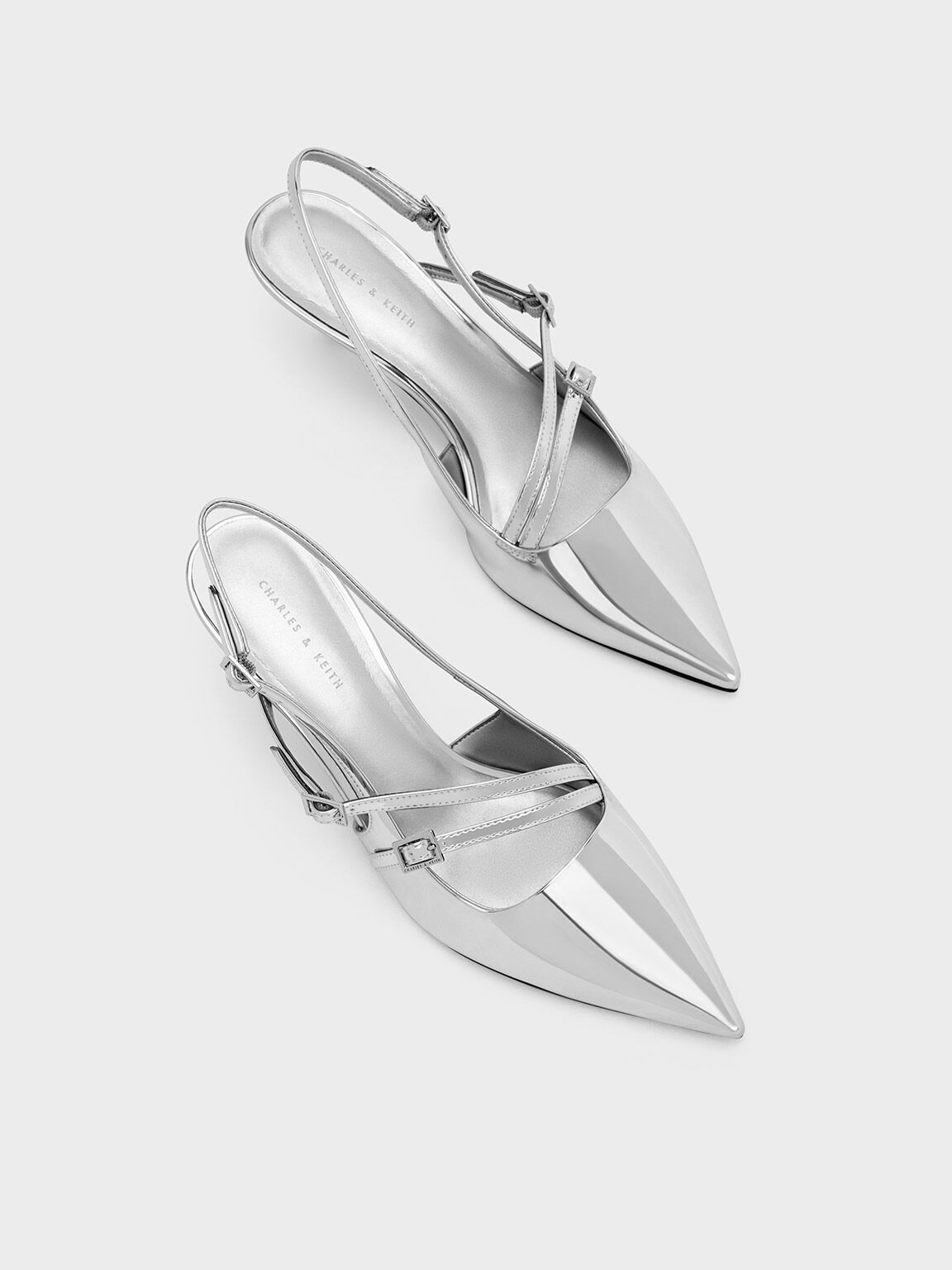 Metallic Buckle-Strap Kitten Heel Slingback Pumps, Silver, hi-res