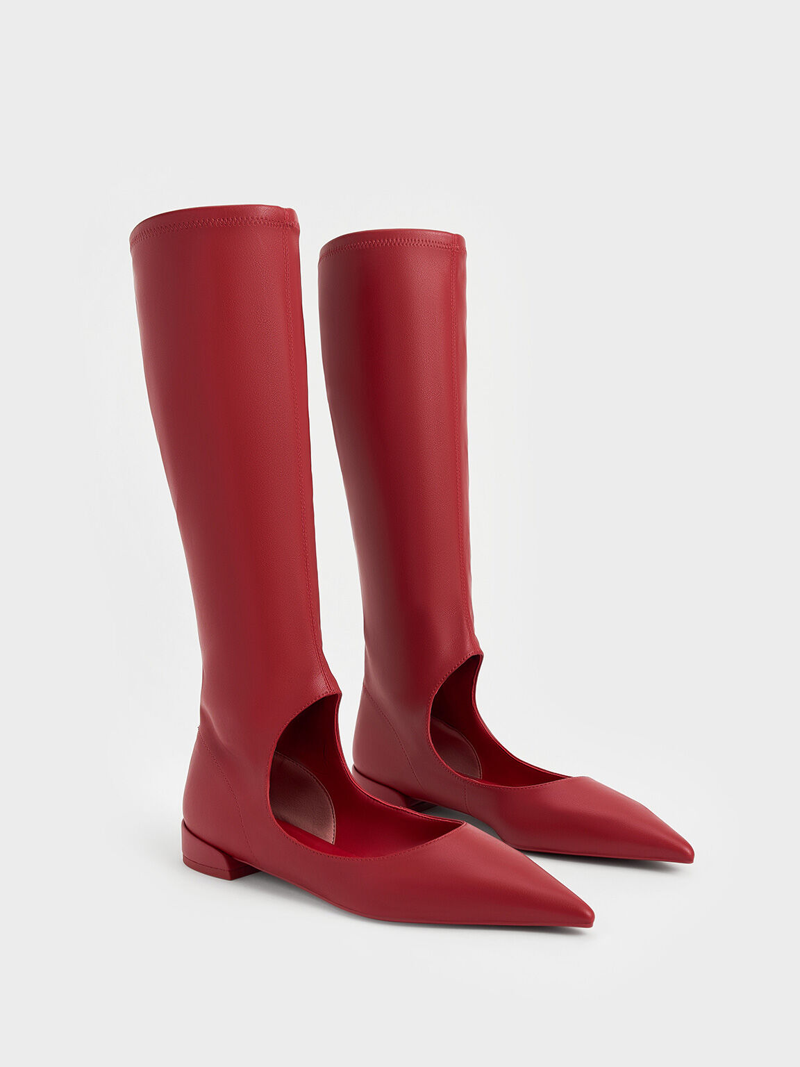 Cut-Out Pointed-Toe Knee-High Boots, Red, hi-res