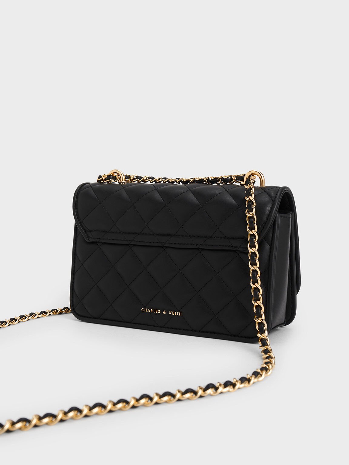 Charm-Embellished Quilted Clutch, Black, hi-res