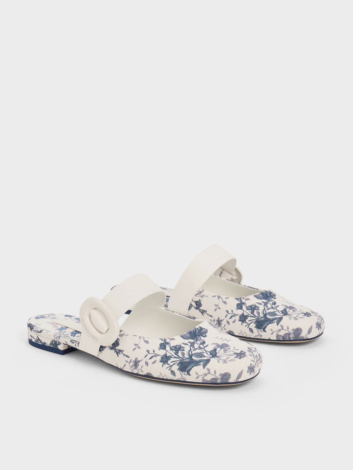 Floral-Print Oval-Buckle Flat Mules, Dark Blue, hi-res