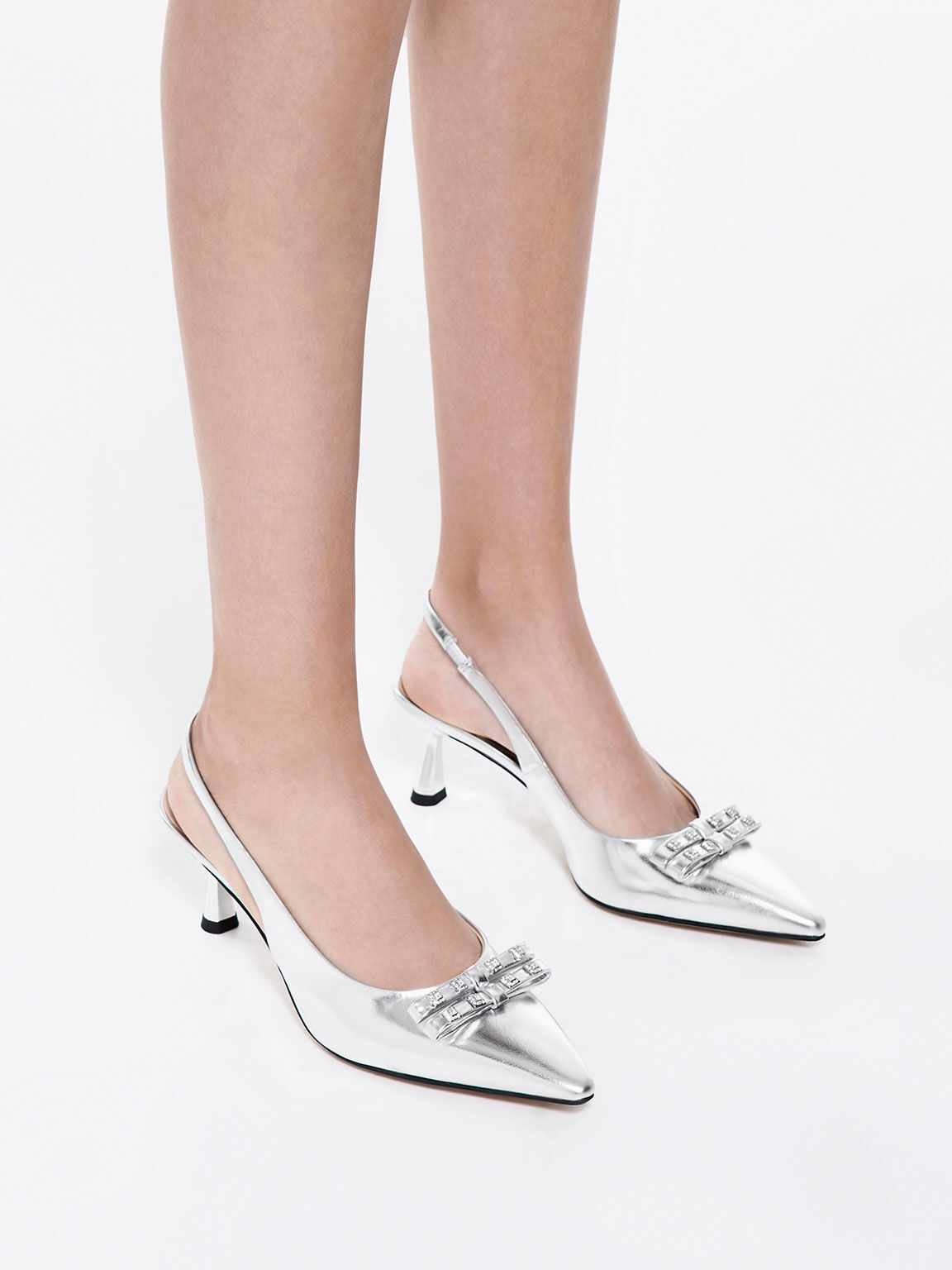 Silver Bow Crystal-Embellished Metallic Leather Slingback Pumps ...