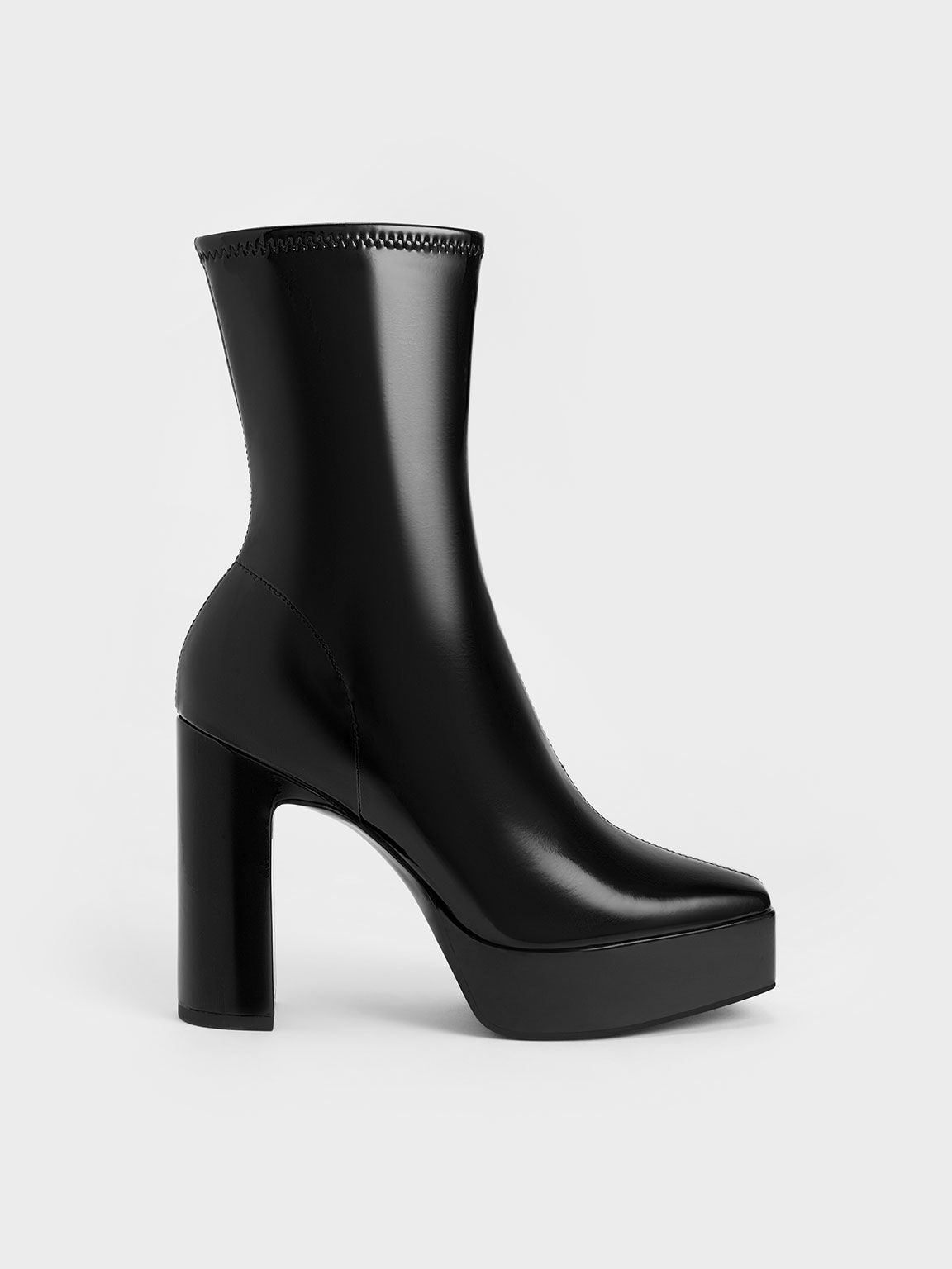 Patent Platform Block Heel Ankle Boots - Black