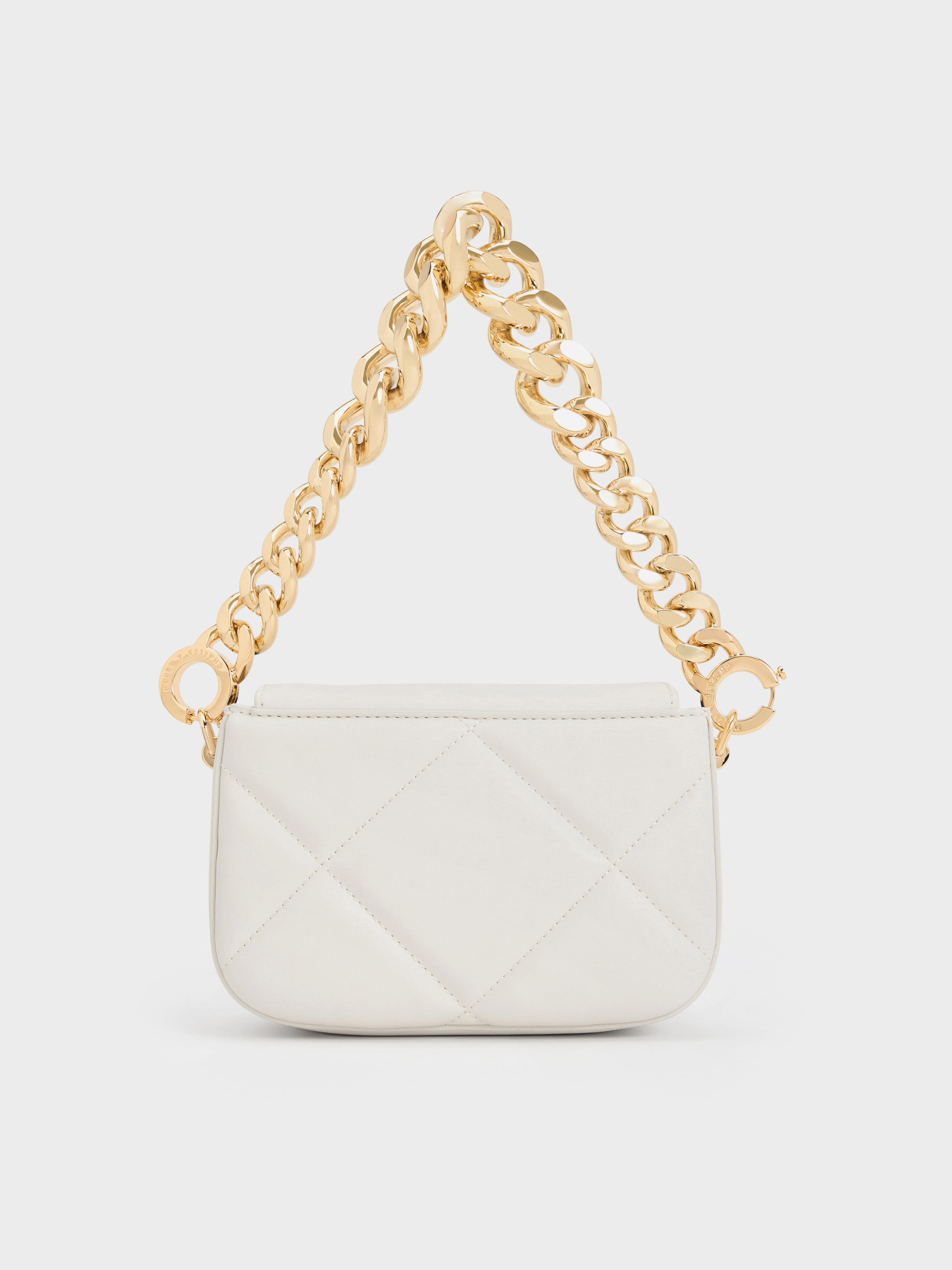 Bolso trapecio con cadena y medallón, Blanco, hi-res