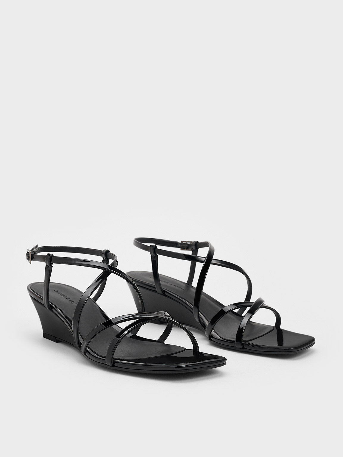 Patent Strappy Wedge Sandals, Black Patent, hi-res