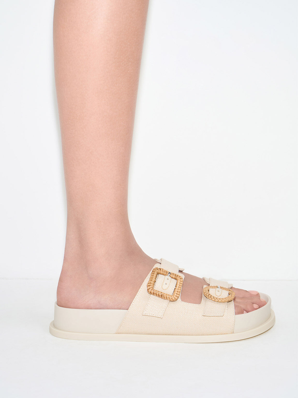 Woven-Buckle Double-Strap Sandals, Chalk, hi-res