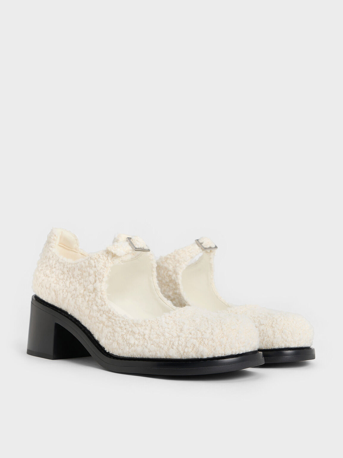 Rooney Furry Buckled Block-Heel Mary Janes, White, hi-res