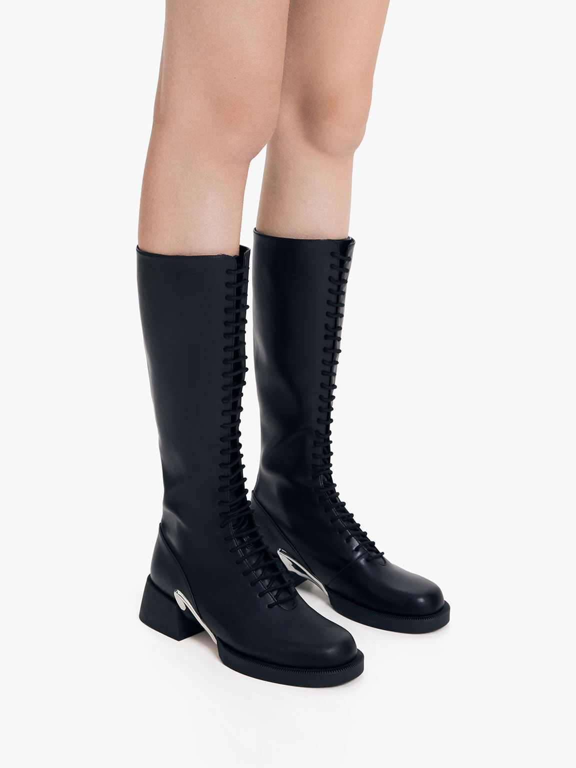 Devon Metallic-Accent Lace-Up Knee-High Boots, Black, hi-res