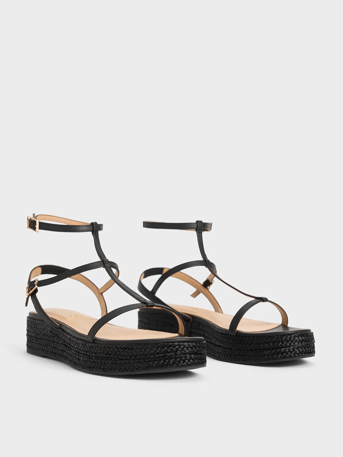 Leather T-Bar Espadrille Sandals, Black, hi-res