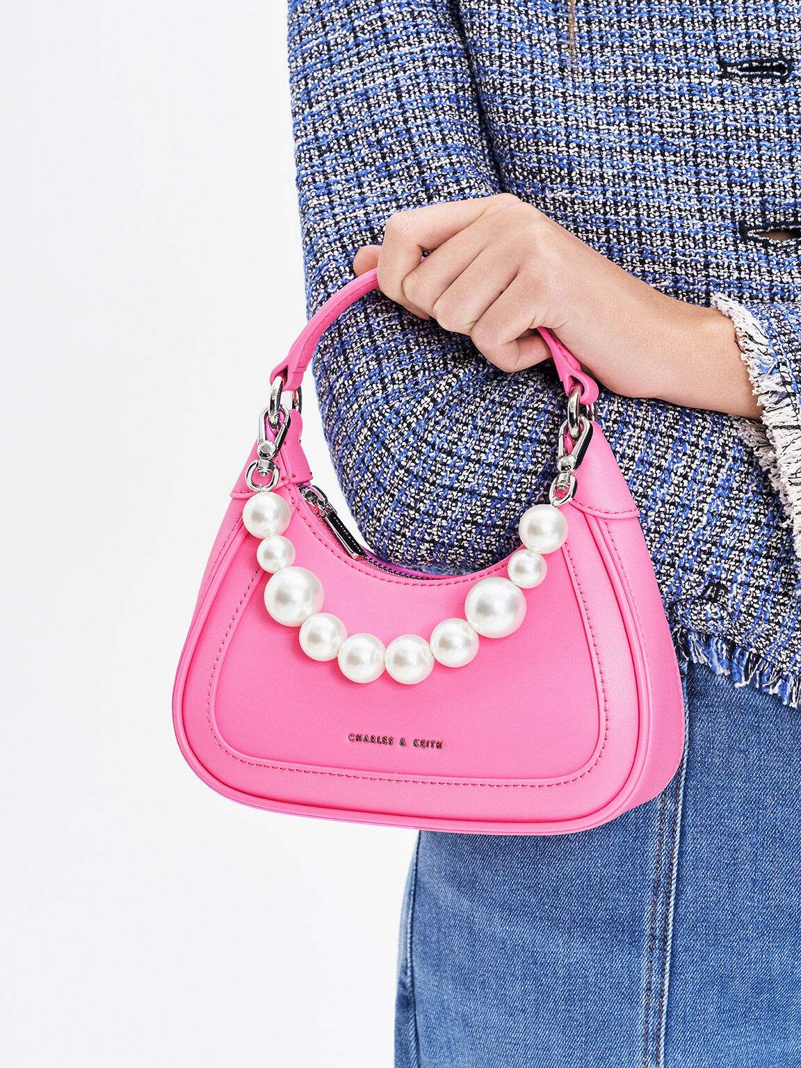 Charles & Keith Beaded Handle Hobo Bag in Pink