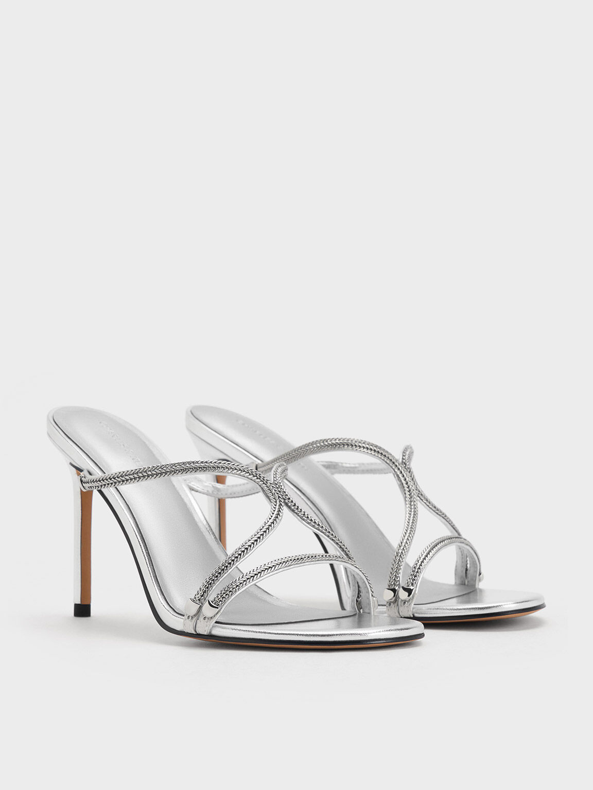 Metallic Braided Strappy Heeled Mules - Silver