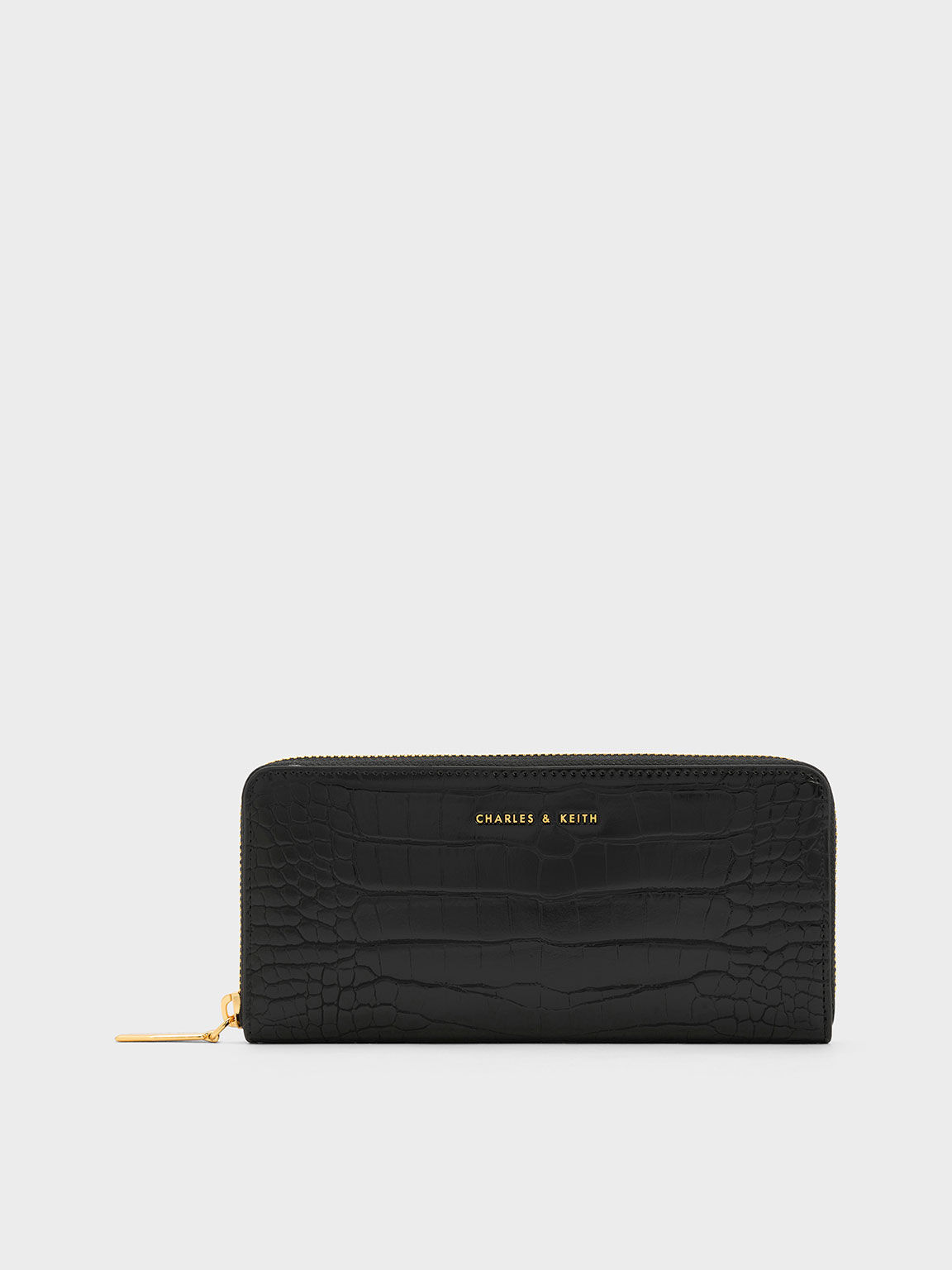 Croc-Embossed Zip-Around Long Wallet, Black, hi-res