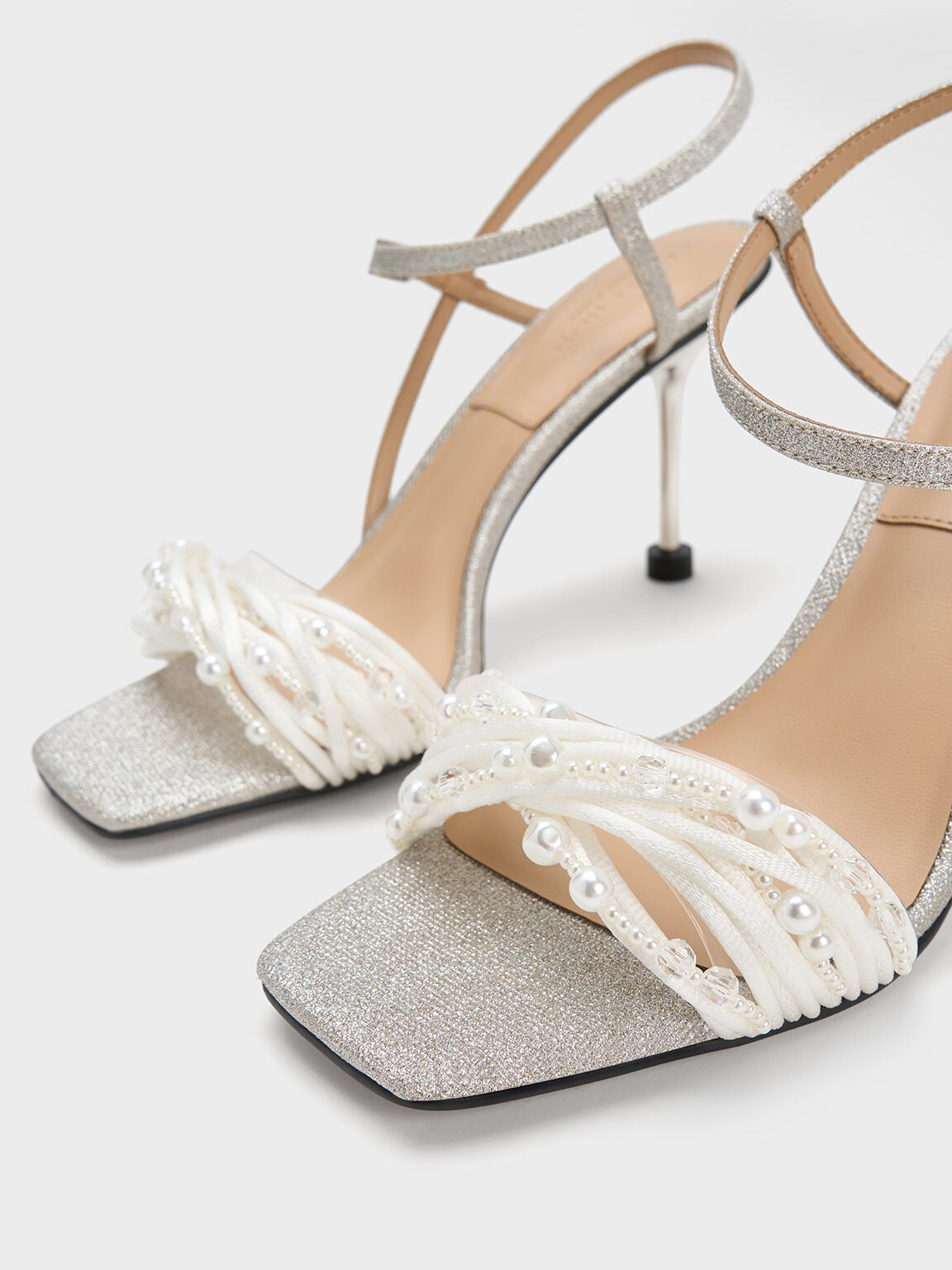 Leda Beaded Asymmetric Glittered Sandals, Silver, hi-res