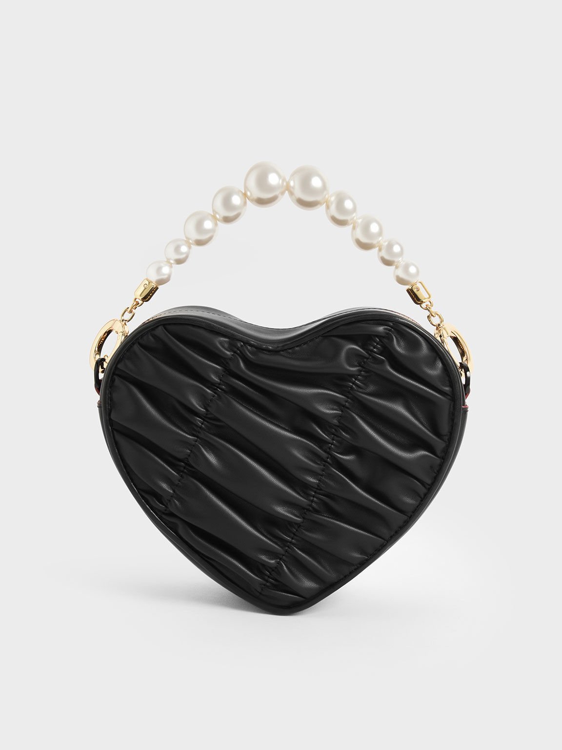 Bead Handle Heart Evening Bag, Black, hi-res