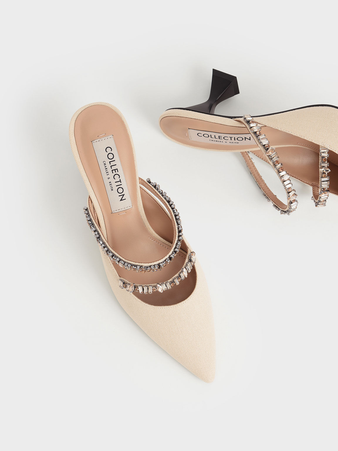 Beige Canvas Double Gem Strap Mules - CHARLES & KEITH SG