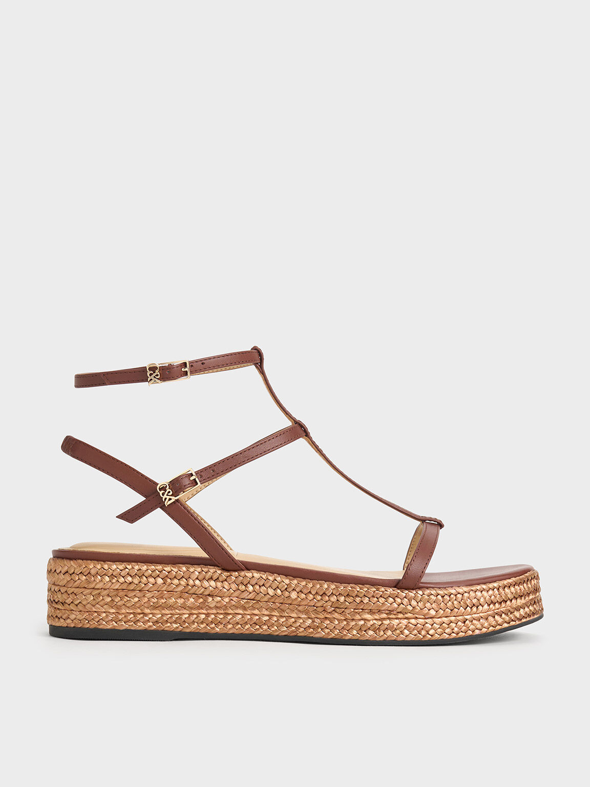 Leather T-Bar Espadrille Sandals, Brown, hi-res