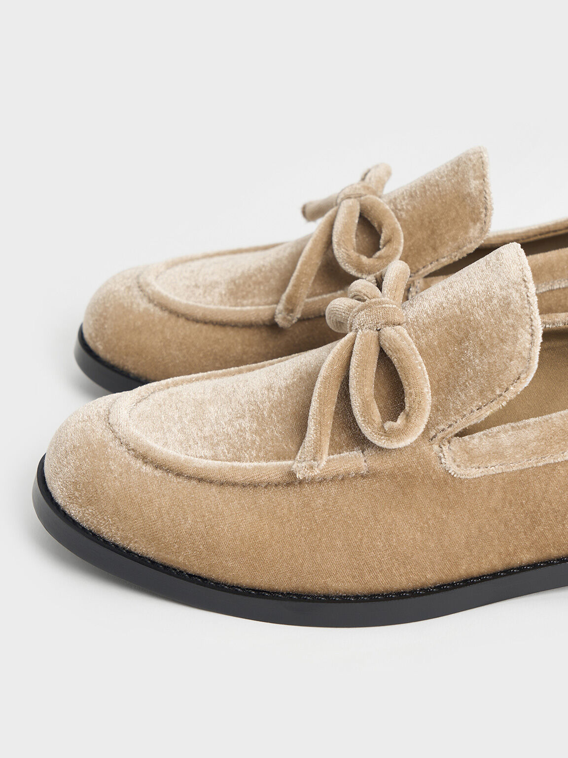 Velvet Bow Loafers, Beige, hi-res