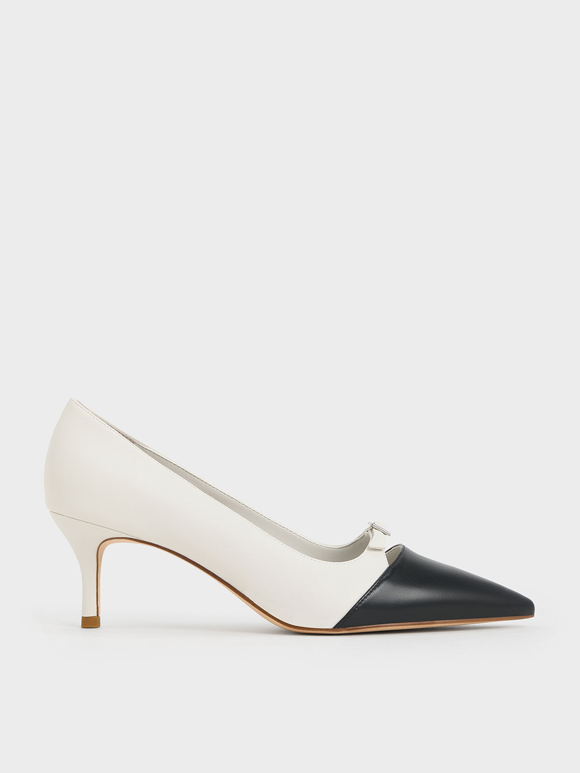 Two-Tone Buckle-Strap Pointed-Toe Pumps - White