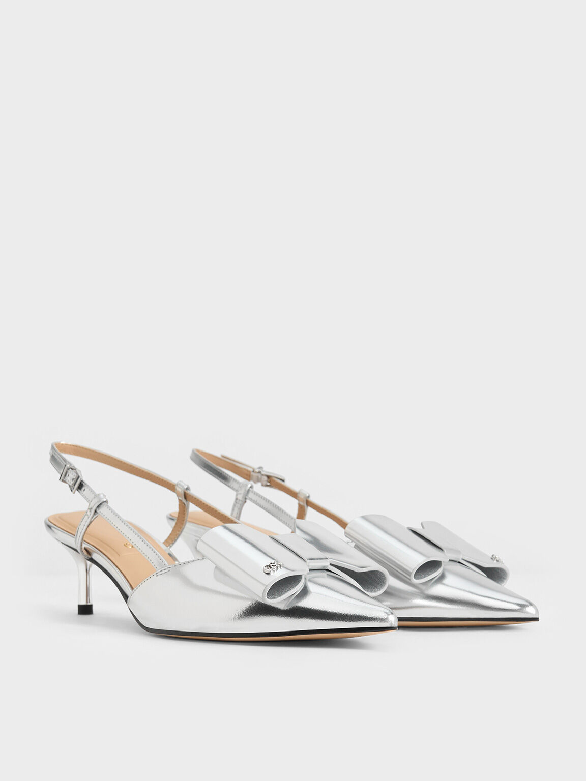 Lu Metallic Leather Bow Slingback Pumps, Silver, hi-res