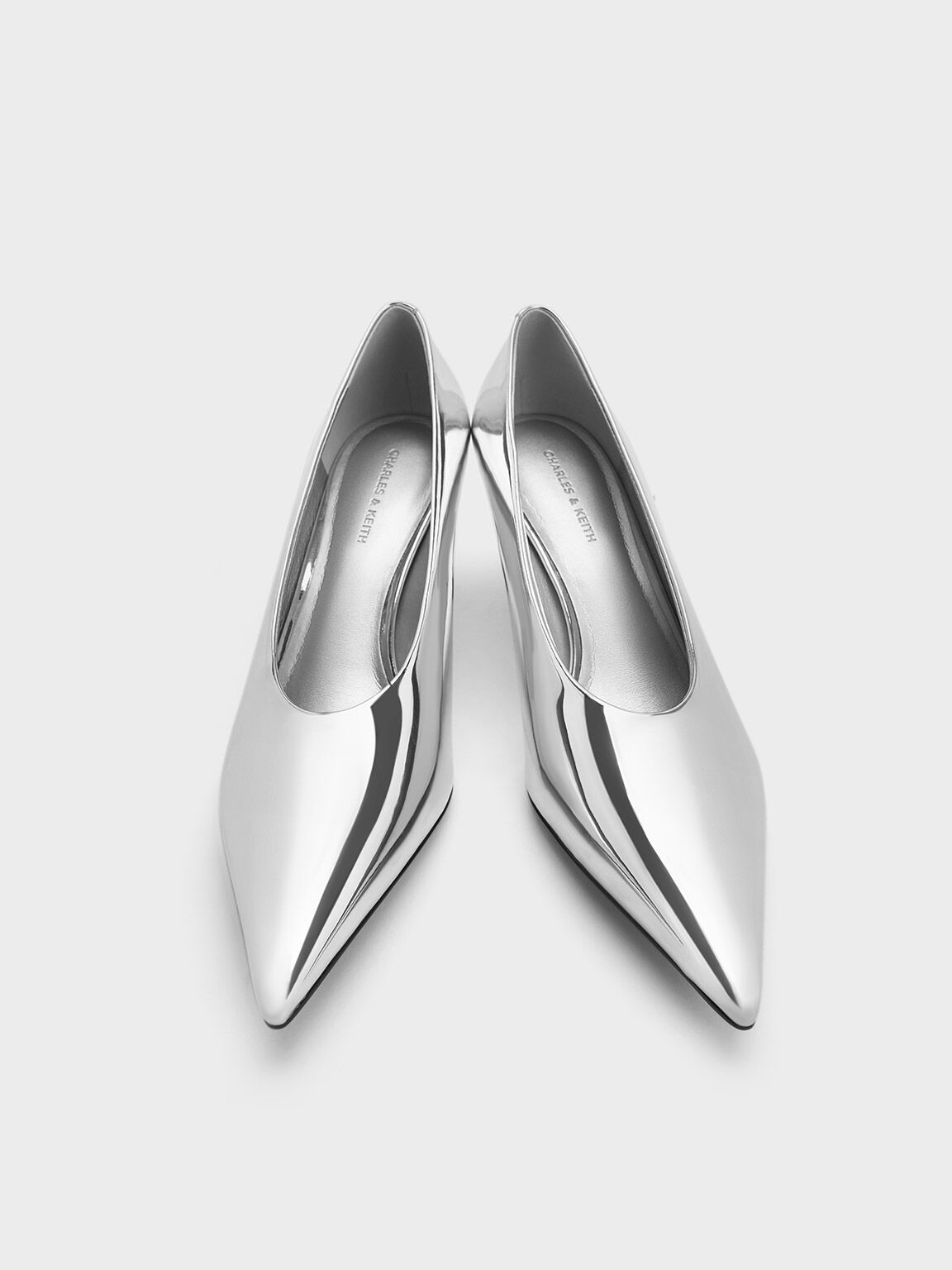 Metallic Pointed-Toe Kitten-Heel Pumps, Silver, hi-res