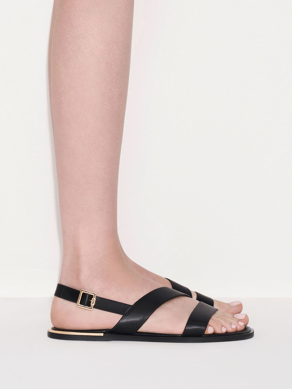 Black Asymmetric Strap Slingback Flats - CHARLES & KEITH SG