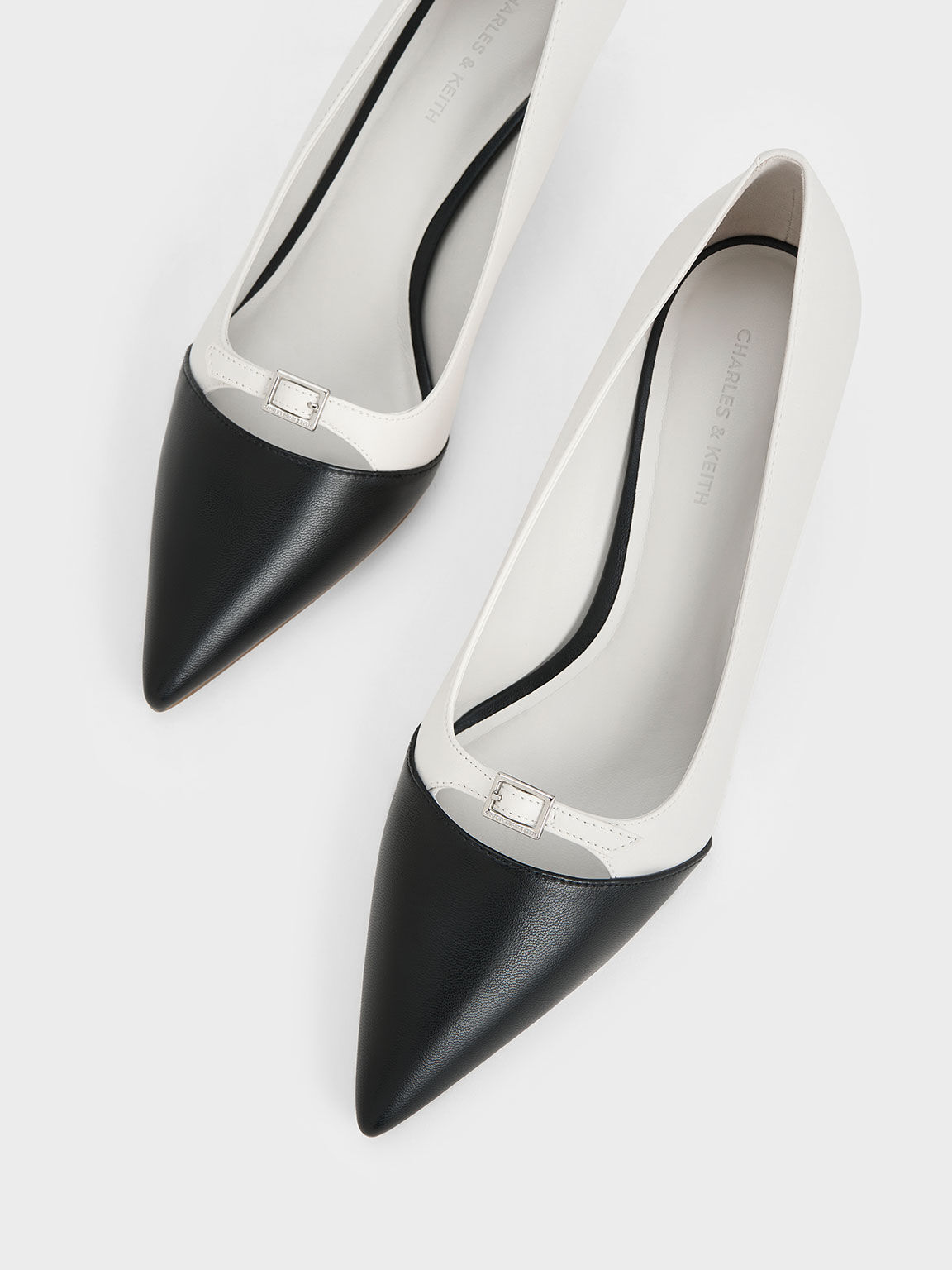 White Two-Tone Buckle-Strap Pointed-Toe Pumps - CHARLES u0026 KEITH US