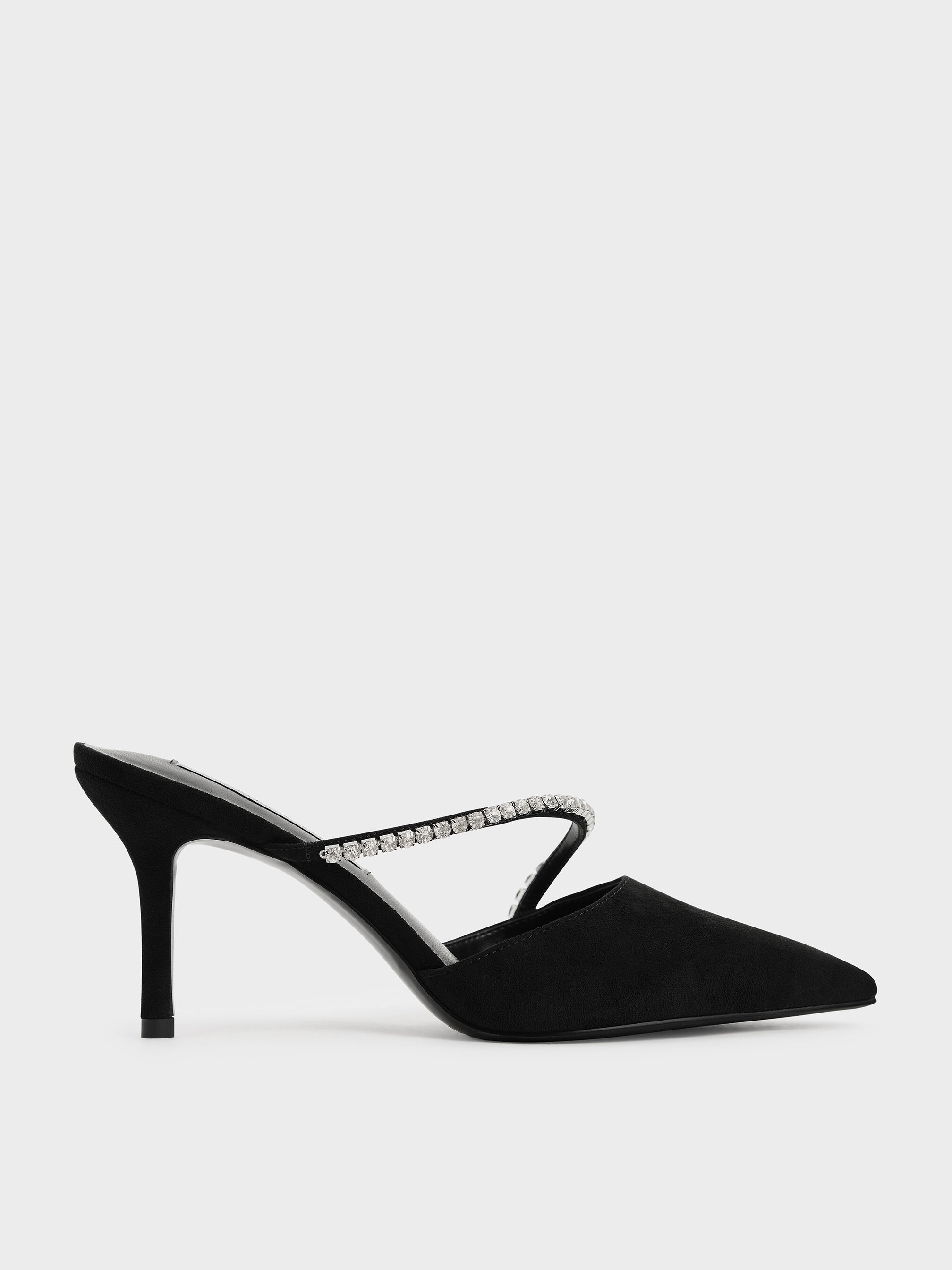 Black Gem-Encrusted Textured Stiletto Mules - CHARLES & KEITH US