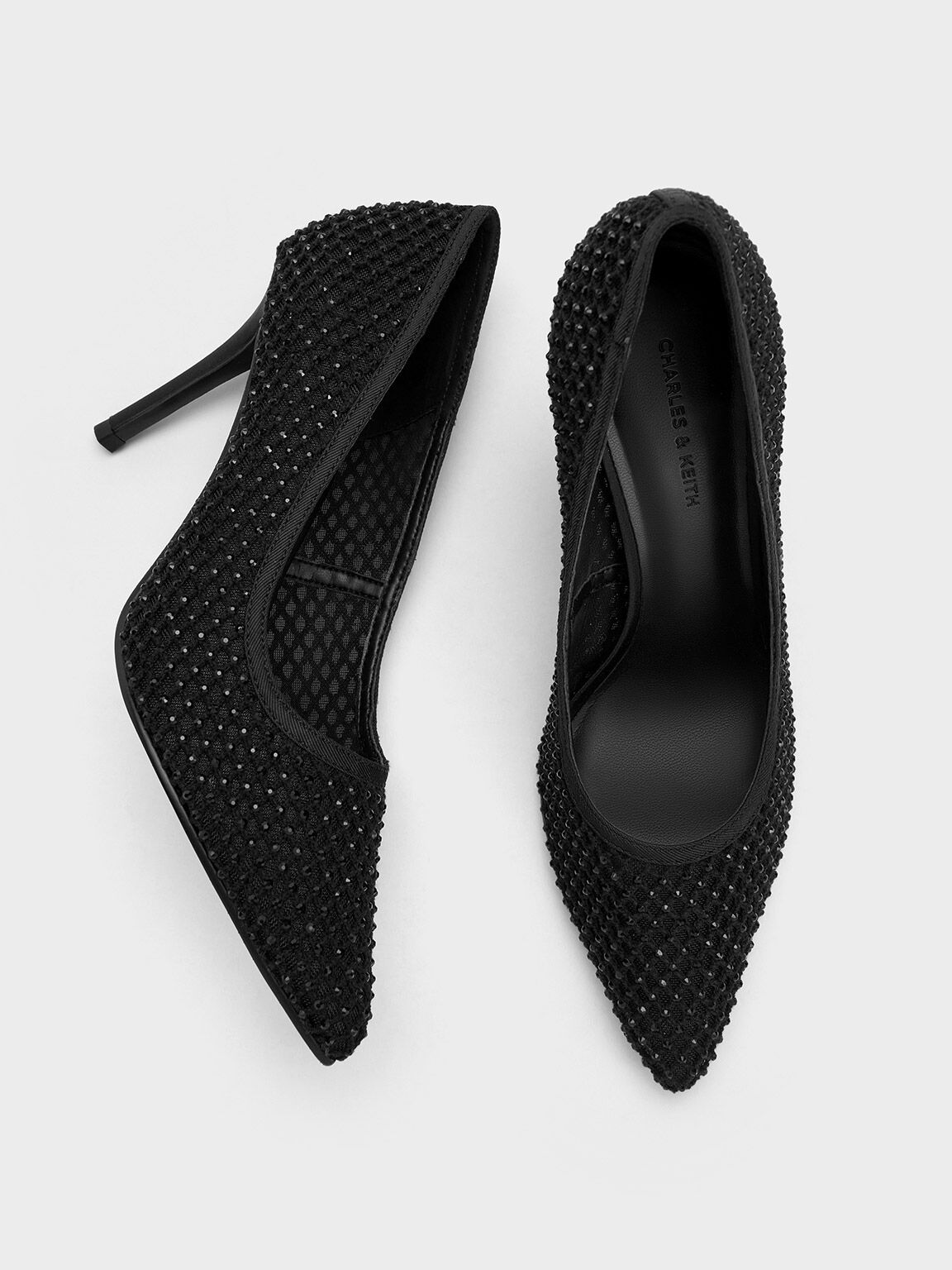 Mesh Crystal-Embellished Pointed-Toe Pumps, Black Textured, hi-res