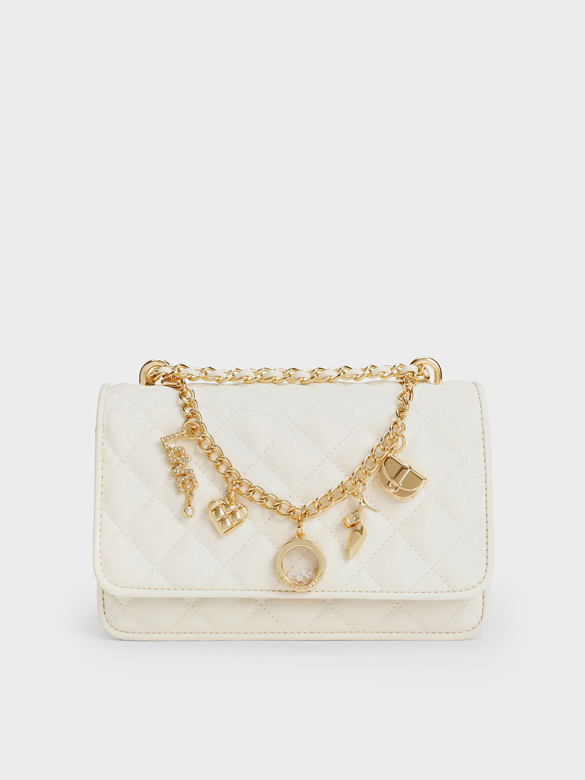 Charm-Embellished Quilted Clutch, Cream, hi-res