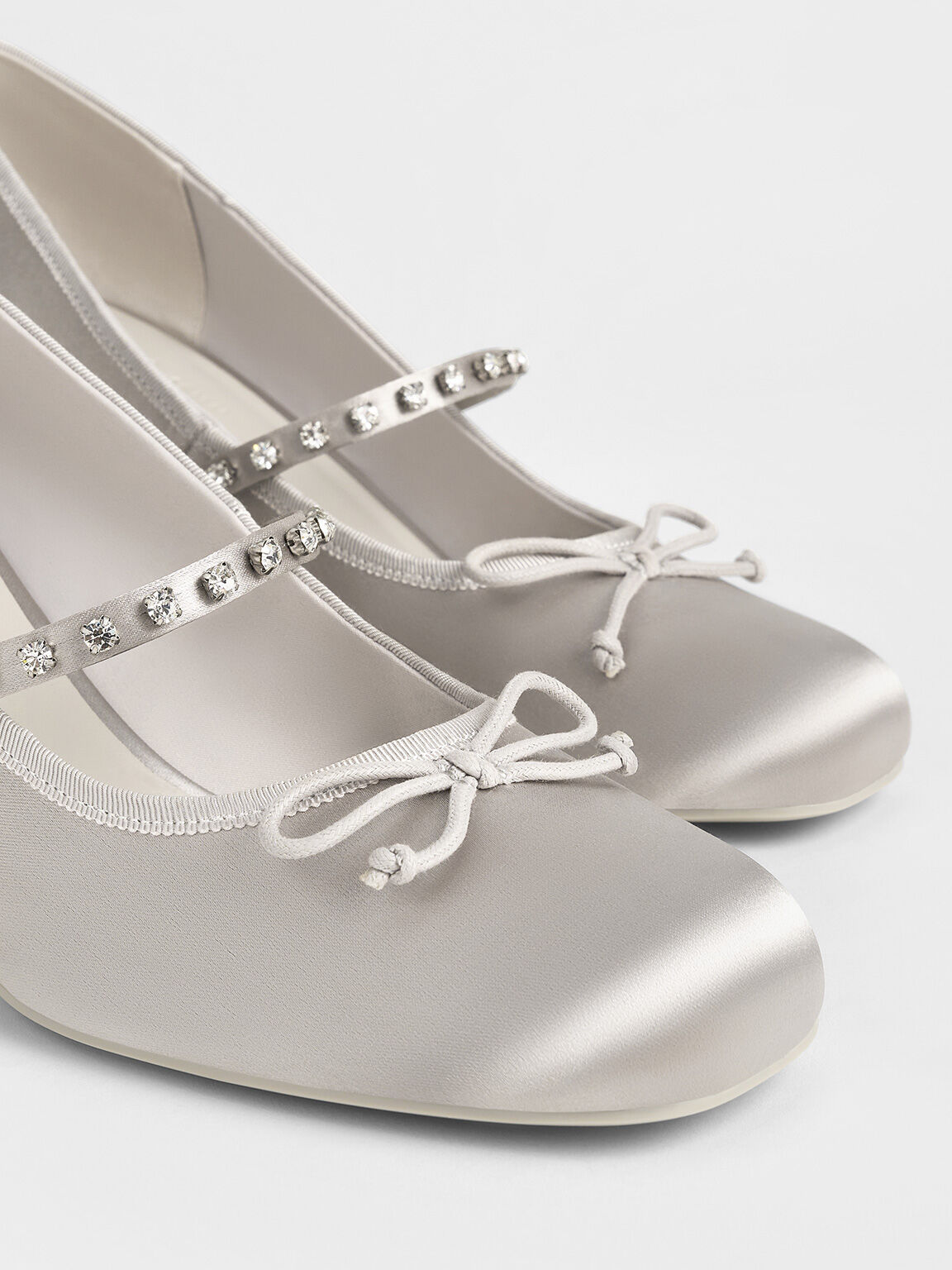 Satin Gem-Embellished Bow Mary Jane Pumps, Light Grey, hi-res