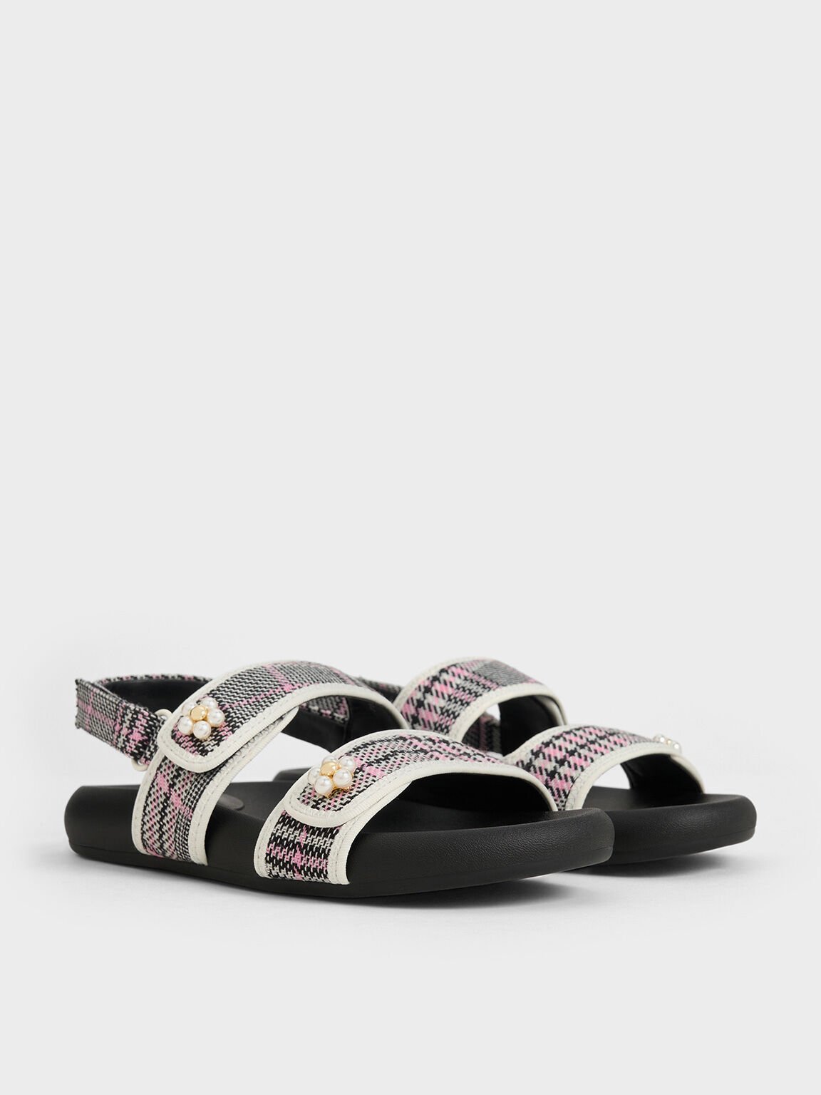 Girls' Plaid Beaded-Flower Sandals, Pink, hi-res