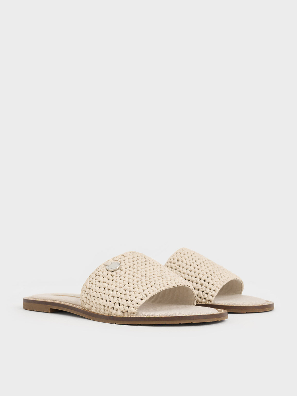 Raffia Woven Slide Sandals, Beige, hi-res