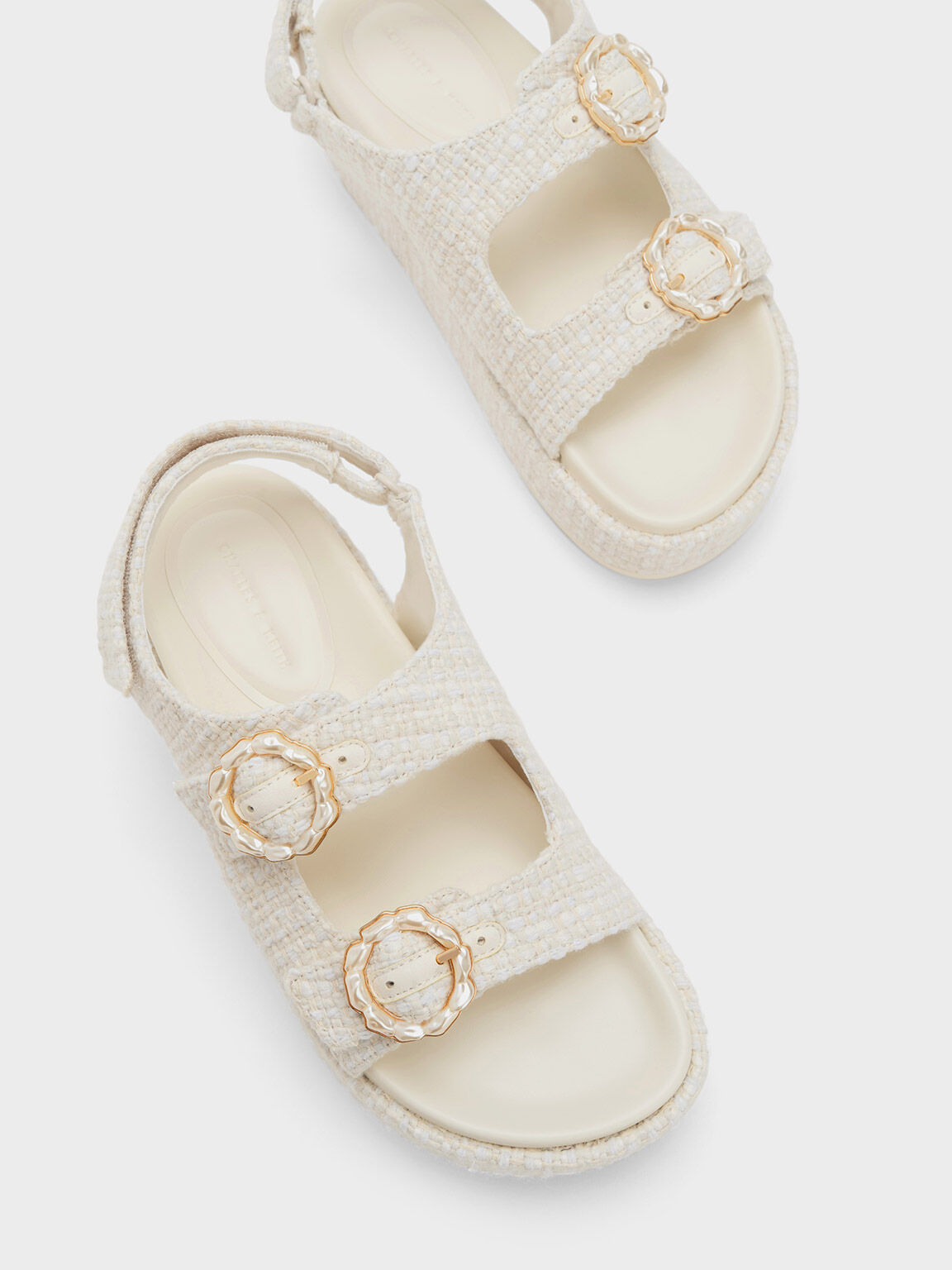Tweed Pearl-Buckle Double Strap Sandals - Chalk