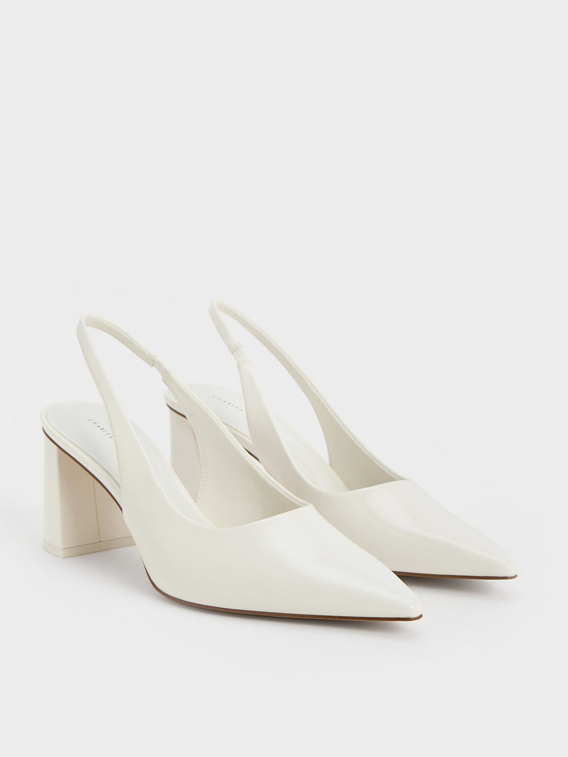 Elastane Trapeze Heel Slingback Pumps, White, hi-res