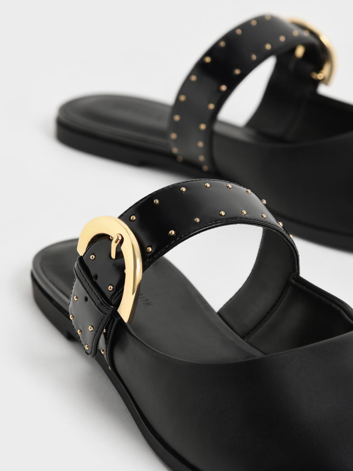 Studded Buckled Flat Mules, Black, hi-res