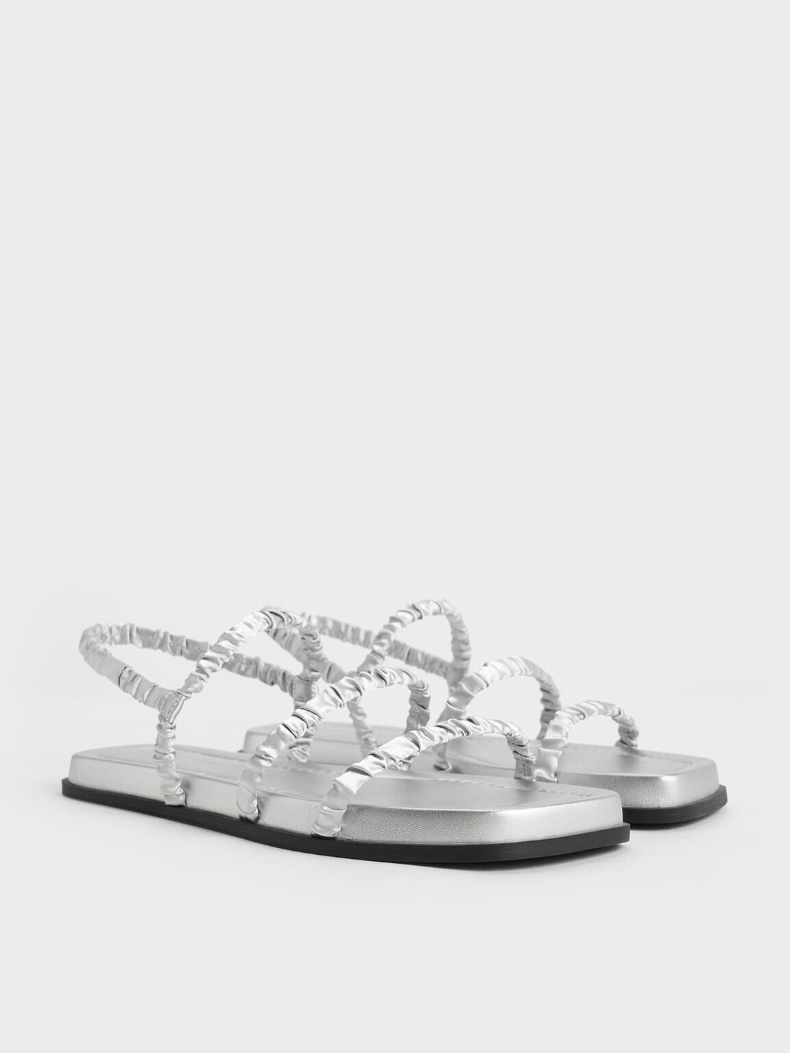 Recycled Polyester Ruched Strappy Sandals, Silver, hi-res