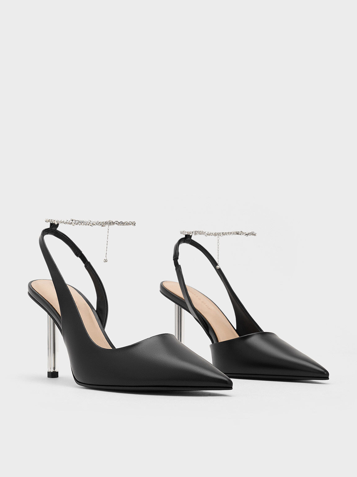 Crystal-Chain Ankle-Strap D'Orsay Pumps, Black, hi-res