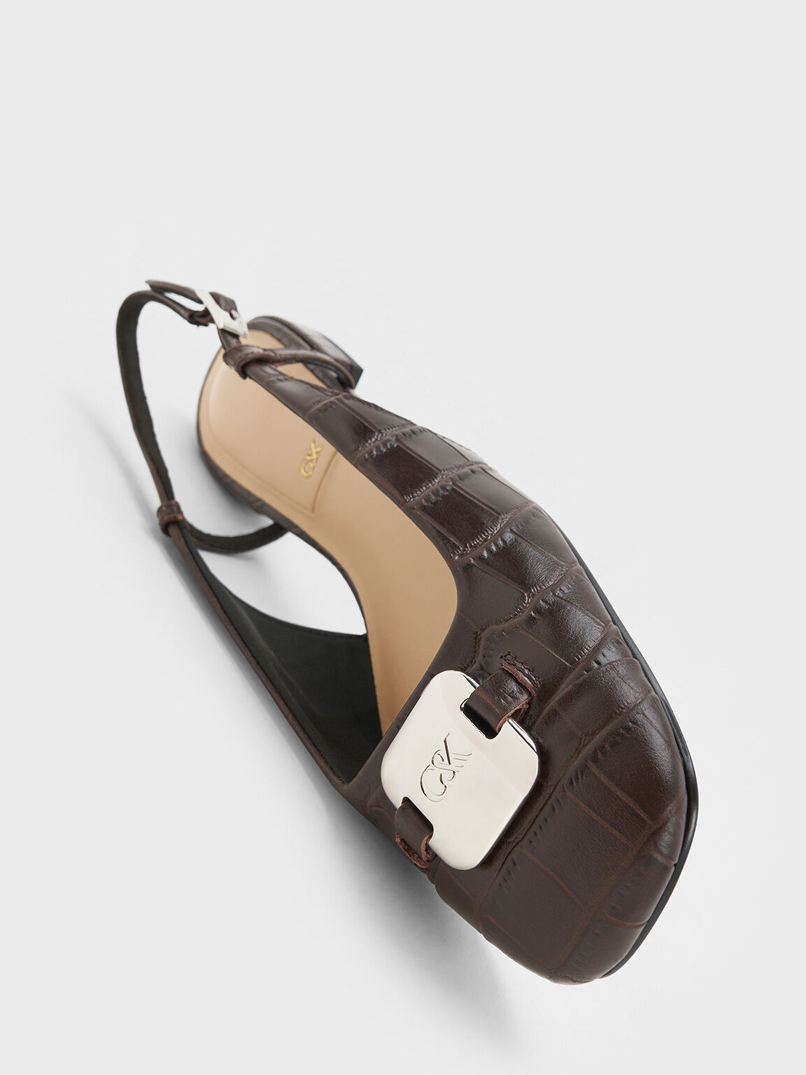 Croc-Effect Leather Metallic-Accent Slingback Flats, Dark Brown, hi-res