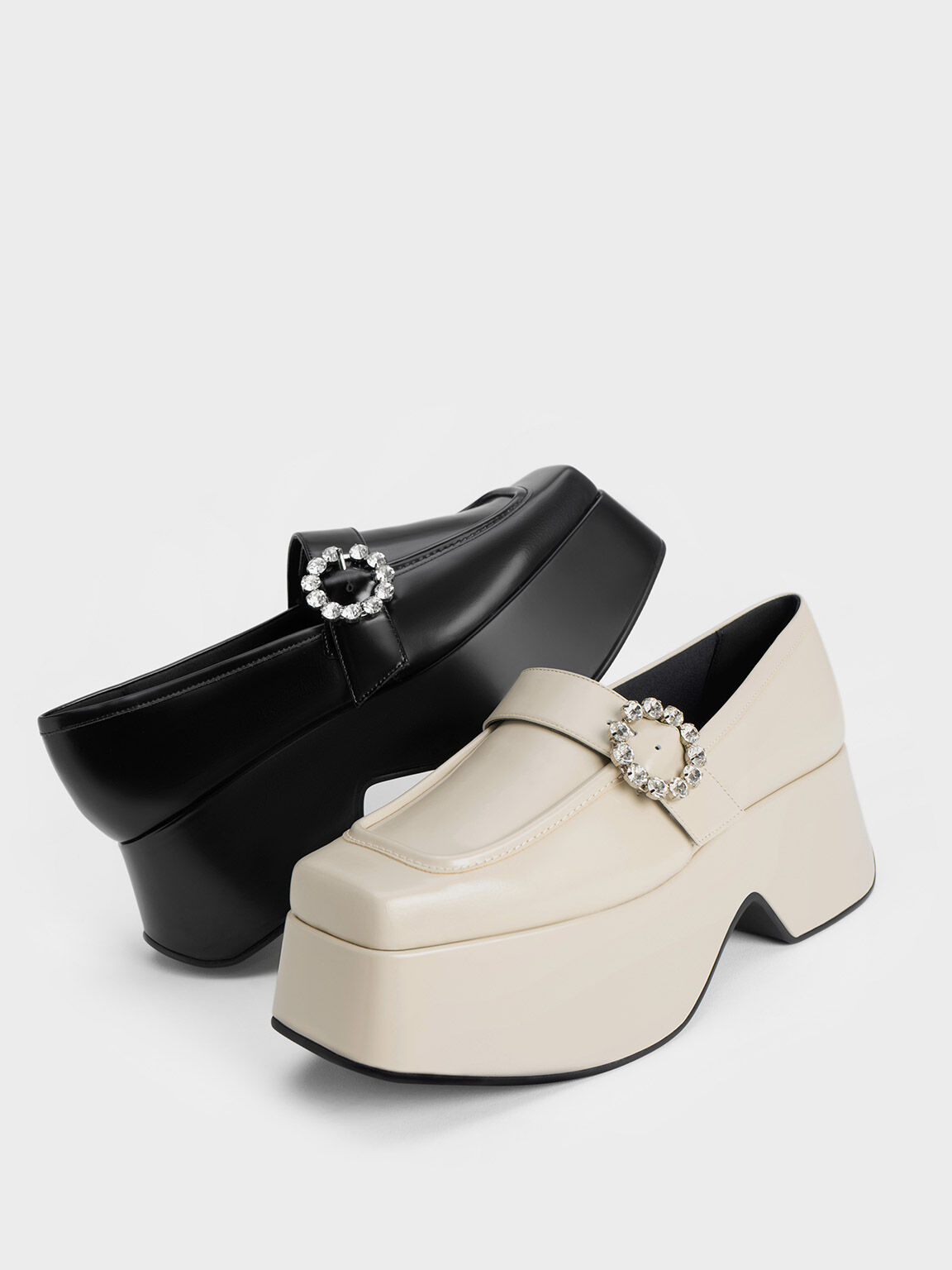 Gem-Embellished Chunky Platform Loafers, Chalk, hi-res